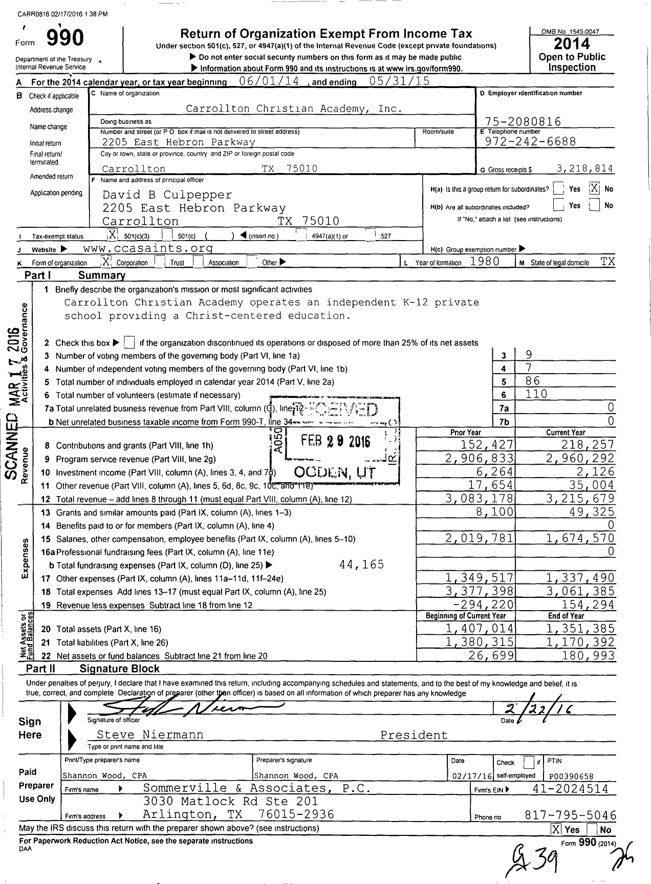 Image of first page of 2014 Form 990 for Carrollton Christian Academy