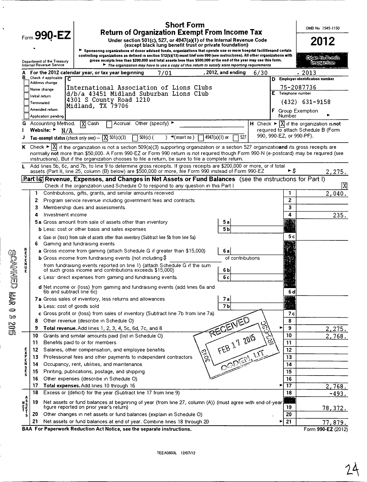 Image of first page of 2012 Form 990EZ for Lions Clubs - 43451 Midland Suburban