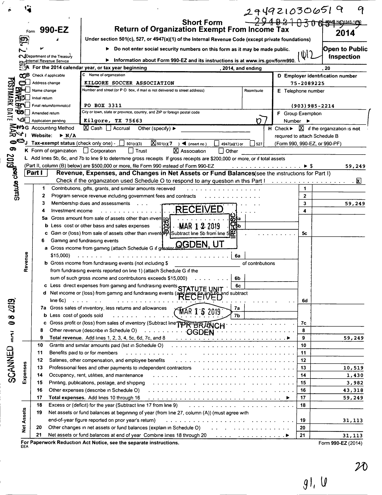 Image of first page of 2014 Form 990EO for North Texas State Soccer Association / Kilgore Soccer Association