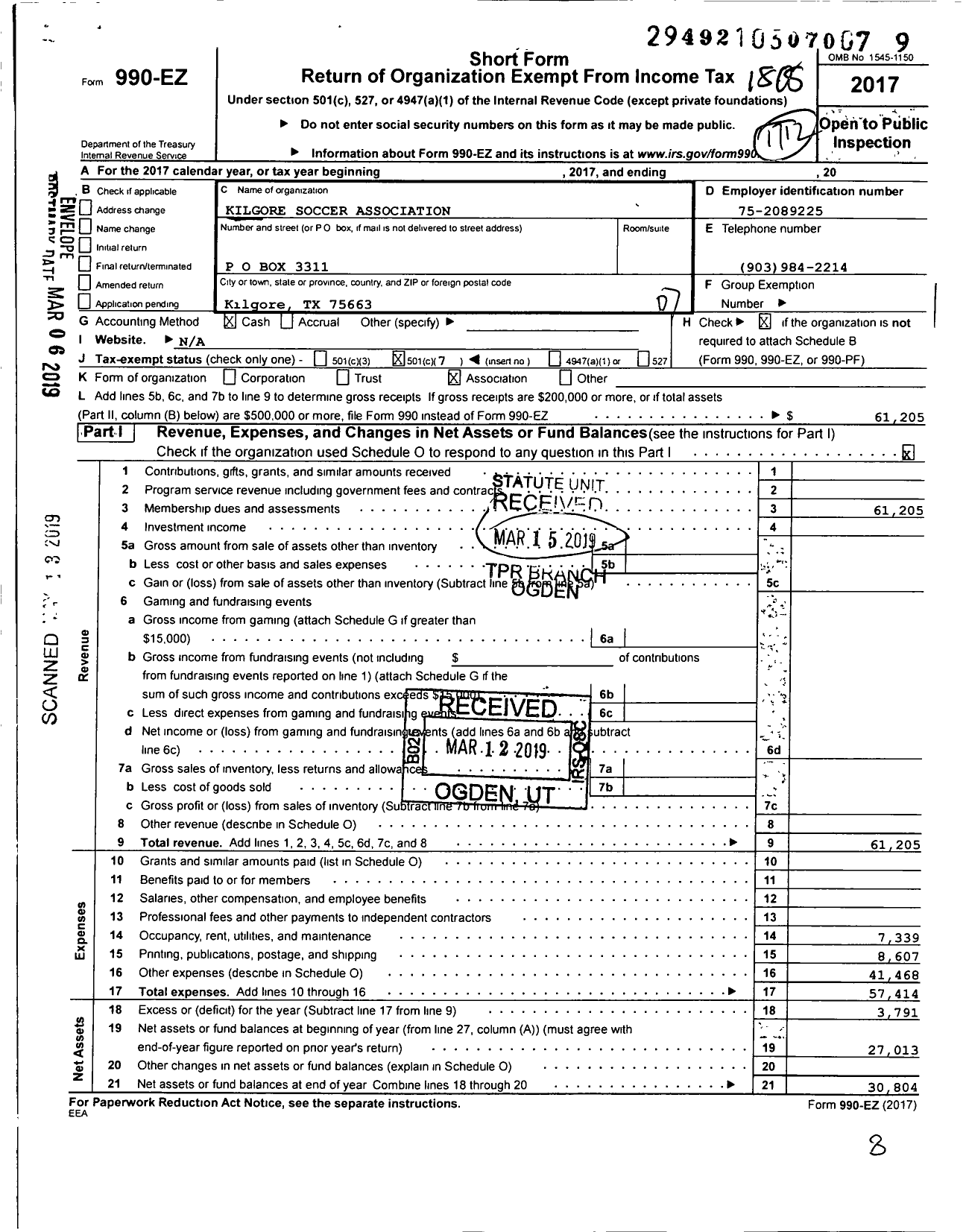 Image of first page of 2017 Form 990EO for North Texas State Soccer Association / Kilgore Soccer Association