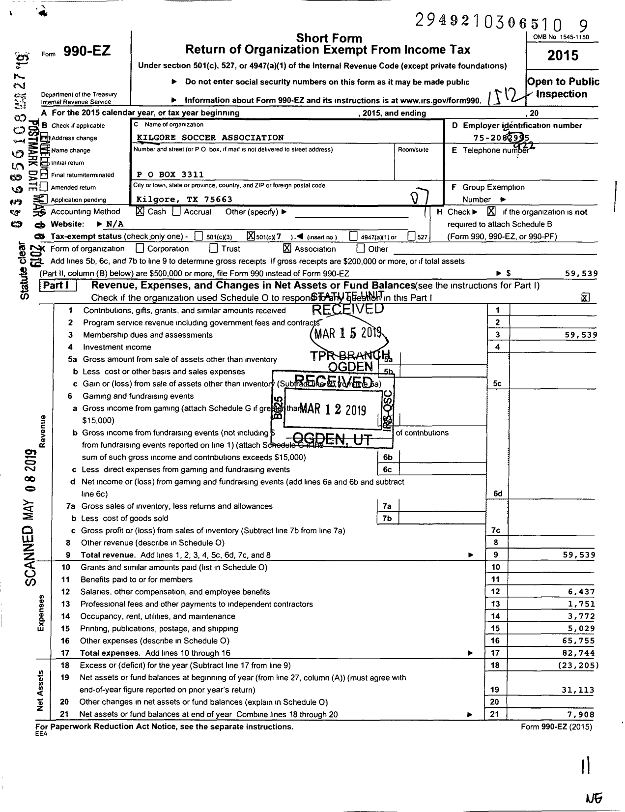 Image of first page of 2015 Form 990EO for North Texas State Soccer Association / Kilgore Soccer Association