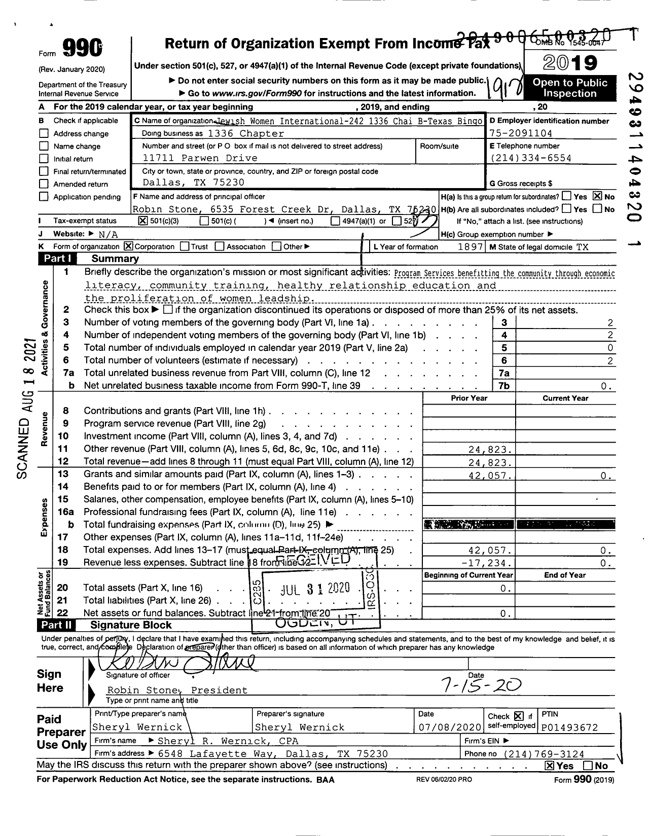 Image of first page of 2019 Form 990 for Jewish Women International-242 1336 Chai B-Texas Bingo - 1336 Chapter