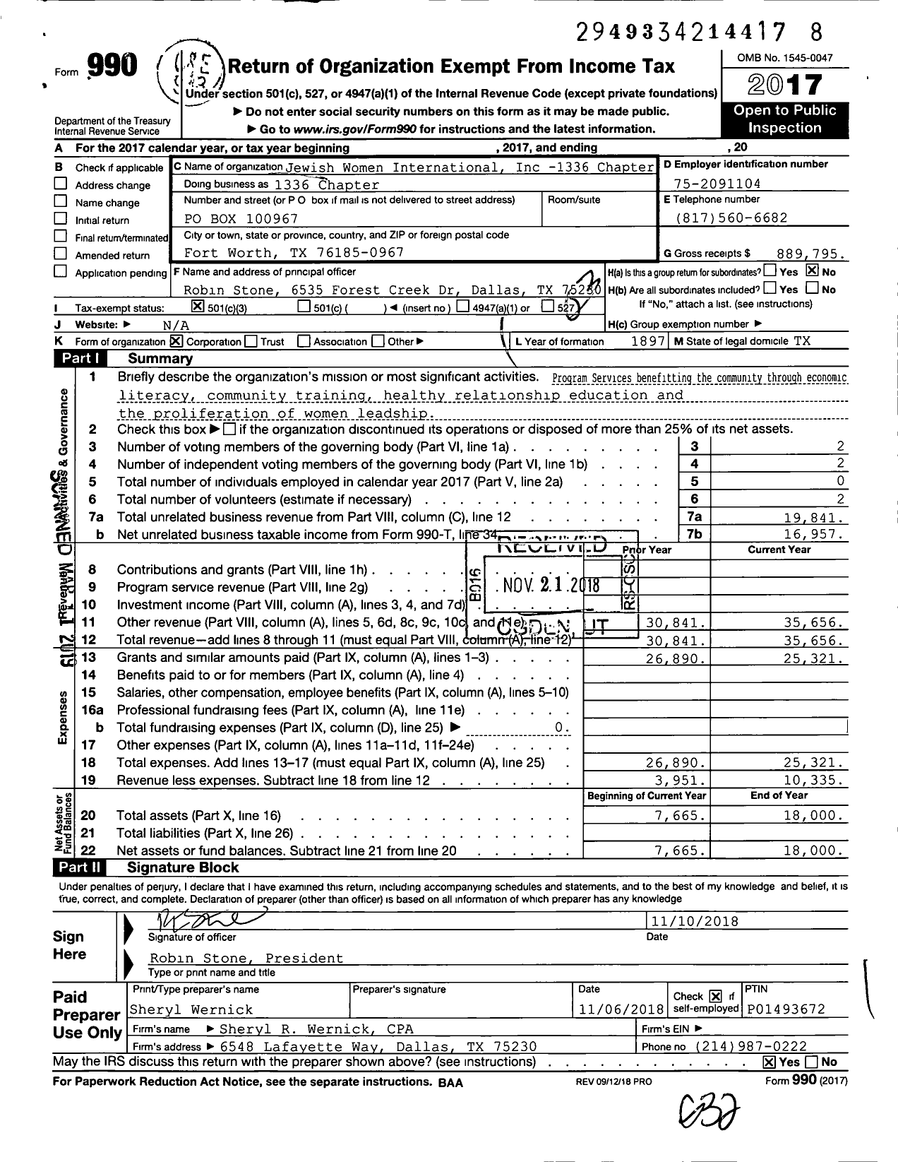 Image of first page of 2017 Form 990 for Jewish Women International-242 1336 Chai B-Texas Bingo - 1336 Chapter