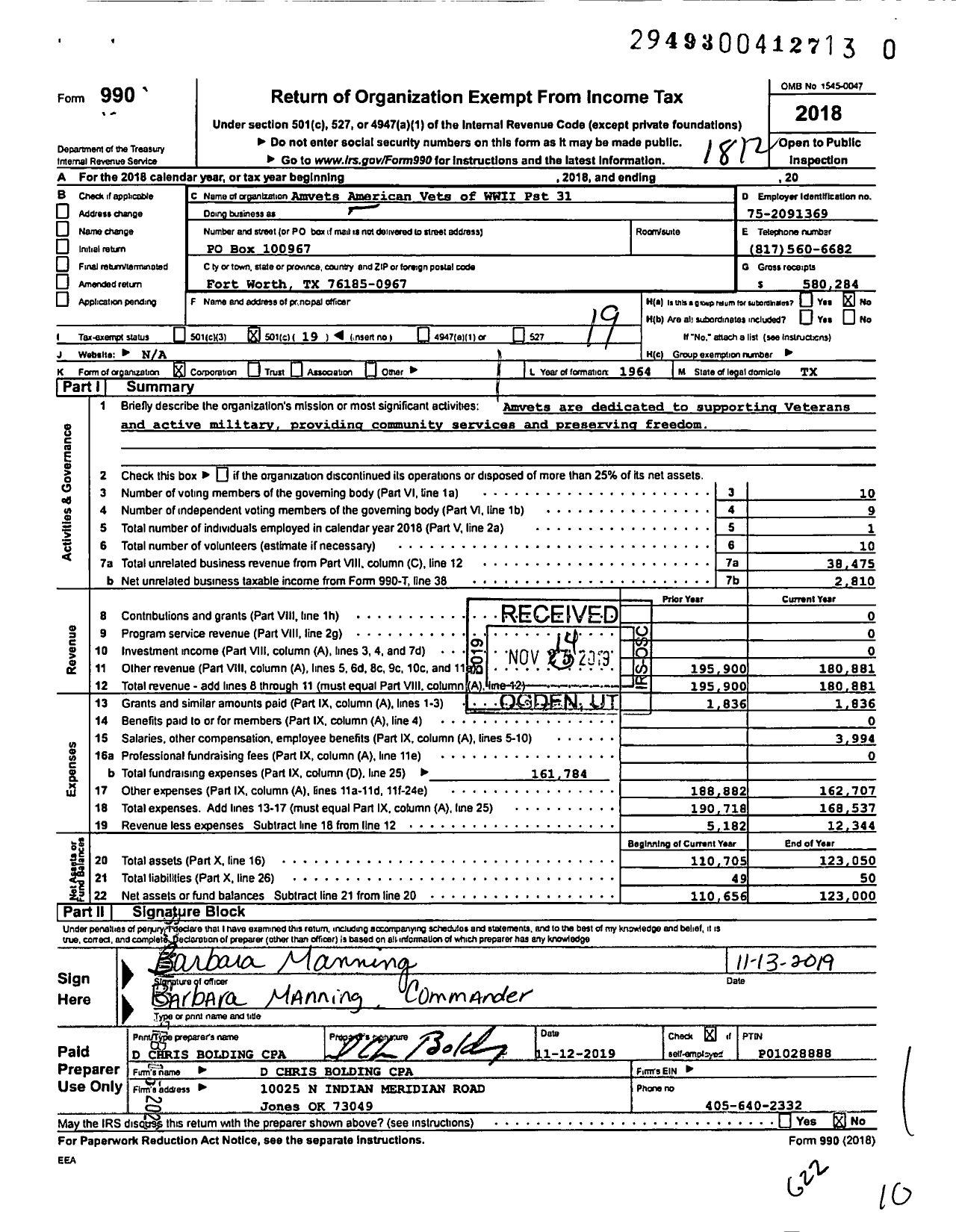 Image of first page of 2018 Form 990O for Amvets - TX-0031