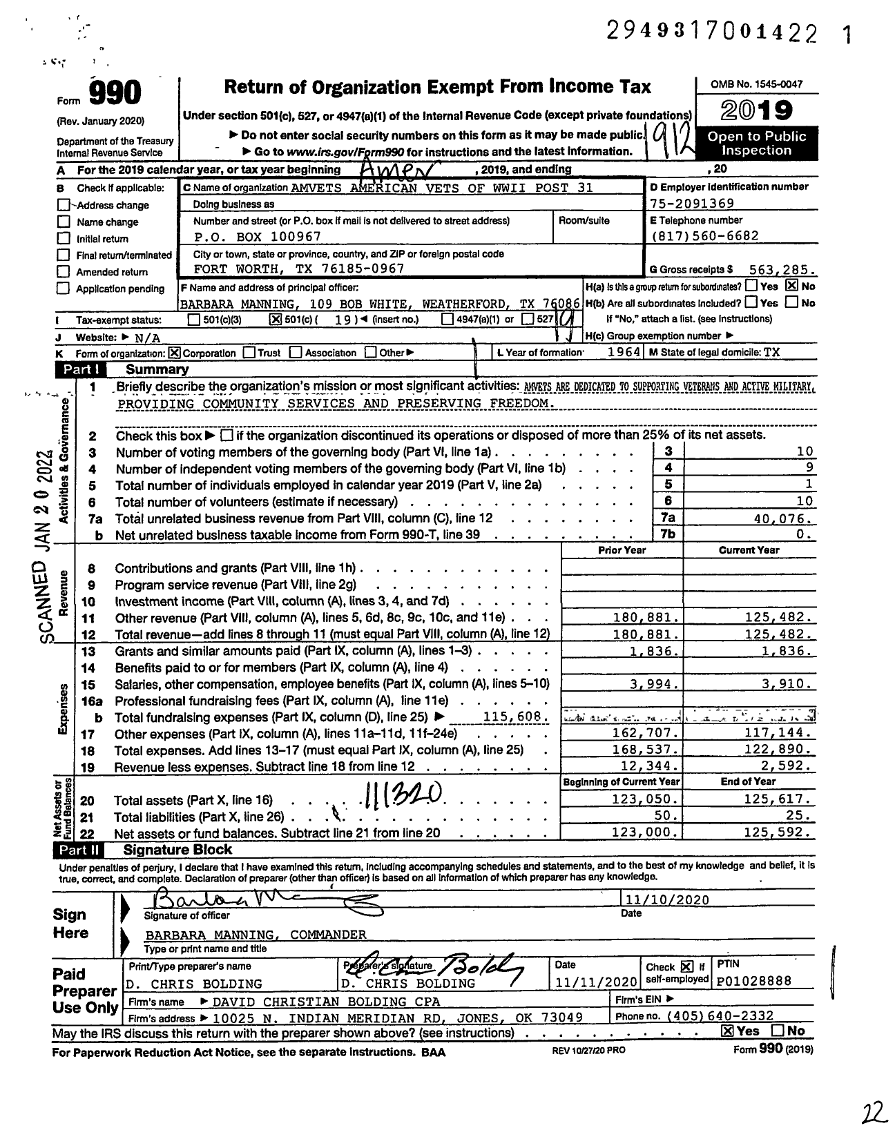 Image of first page of 2019 Form 990O for Amvets - TX-0031