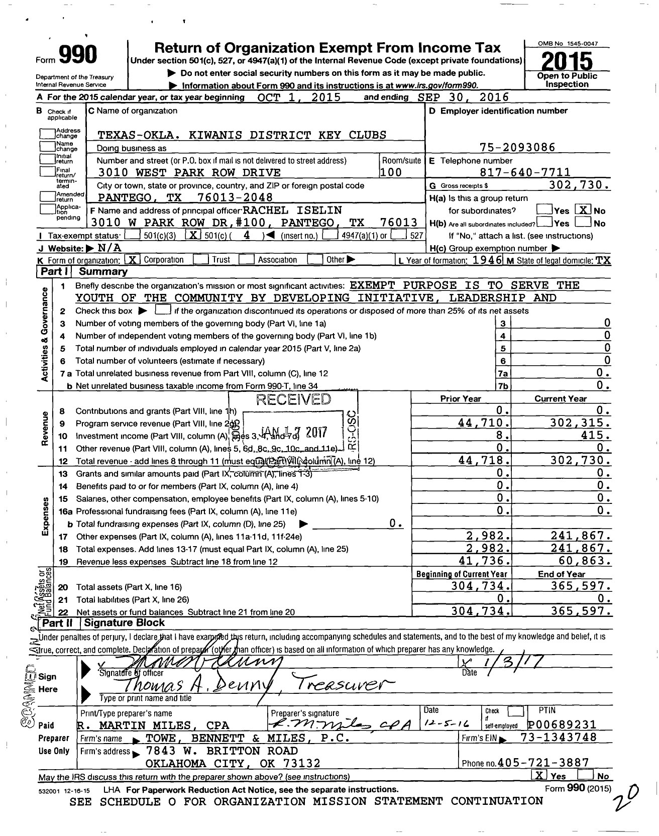 Image of first page of 2015 Form 990O for Texas-Okla Kiwanis District Key Clubs