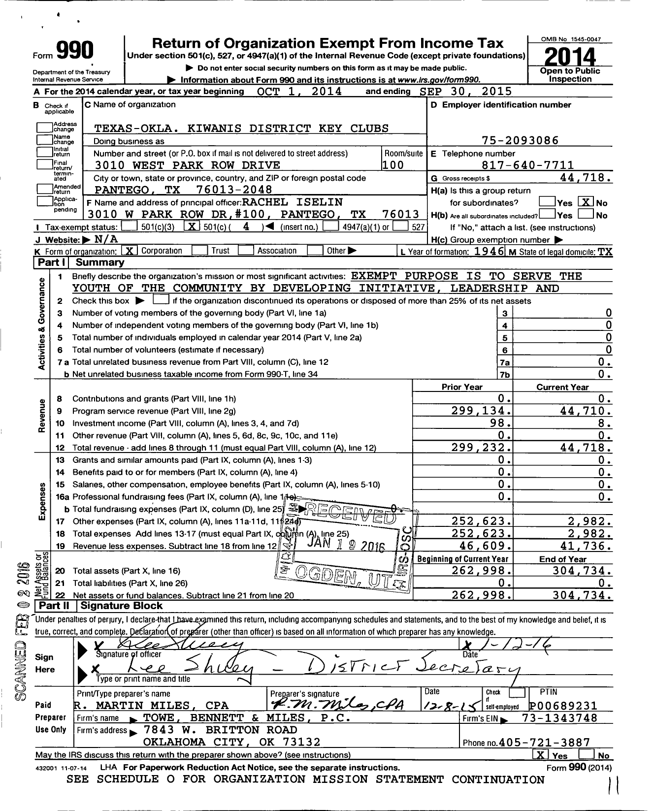 Image of first page of 2014 Form 990O for Texas-Okla Kiwanis District Key Clubs