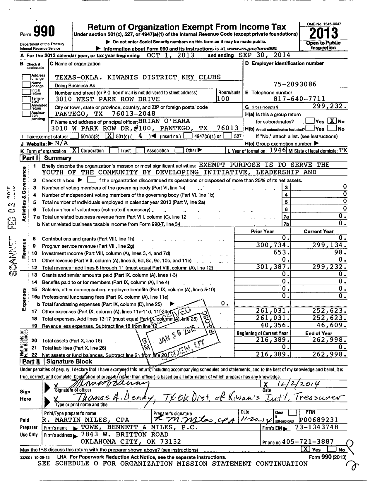 Image of first page of 2013 Form 990O for Texas-Okla Kiwanis District Key Clubs