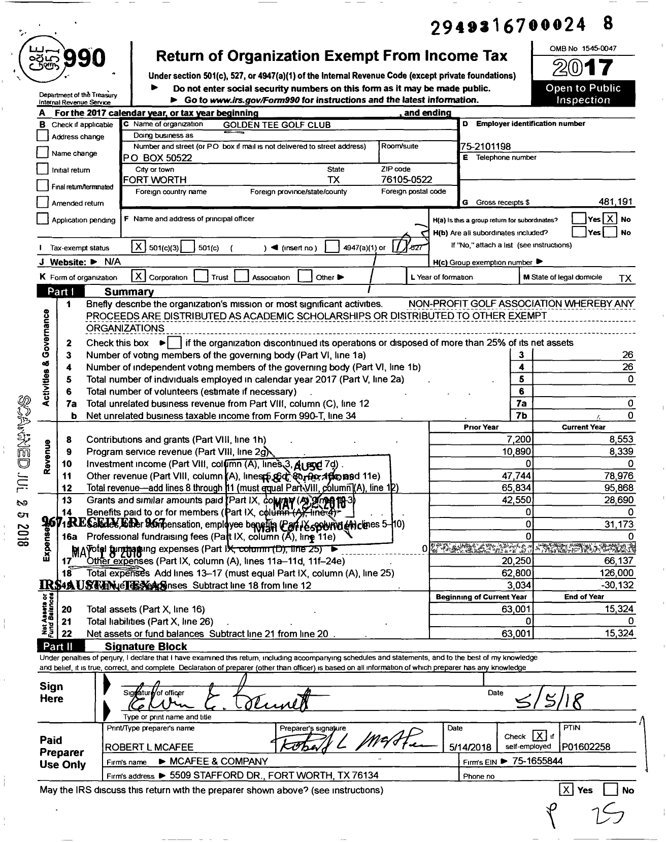 Image of first page of 2017 Form 990 for Golden Tee Golf Club