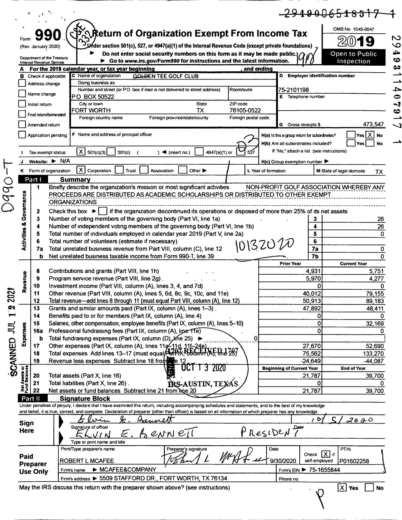 Image of first page of 2019 Form 990 for Golden Tee Golf Club