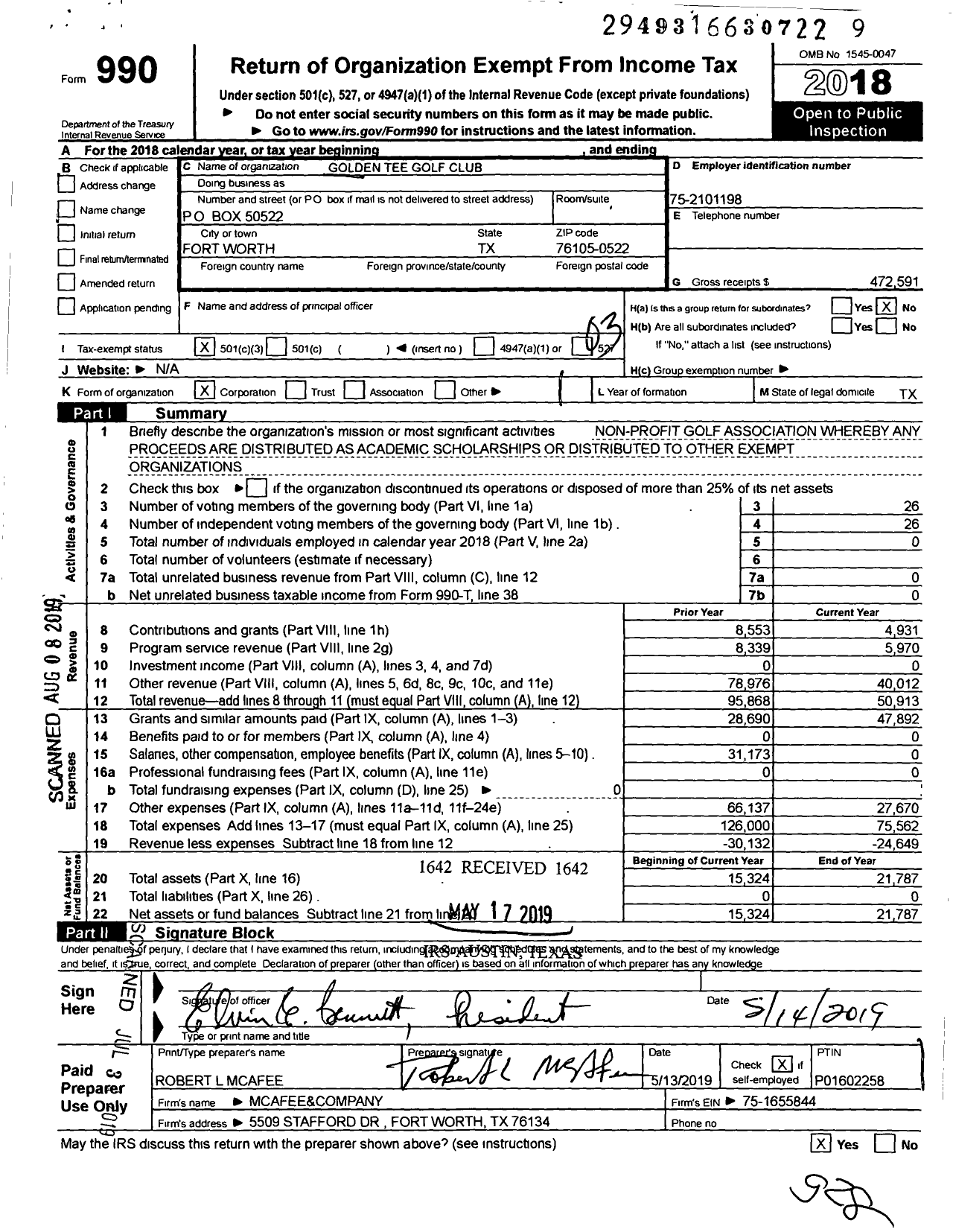 Image of first page of 2018 Form 990 for Golden Tee Golf Club