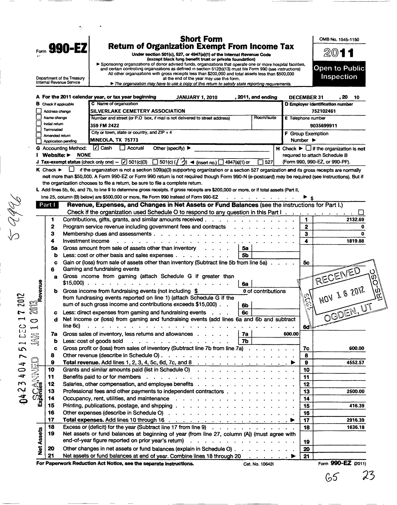 Image of first page of 2010 Form 990EO for Silver Lake Cemetery Association