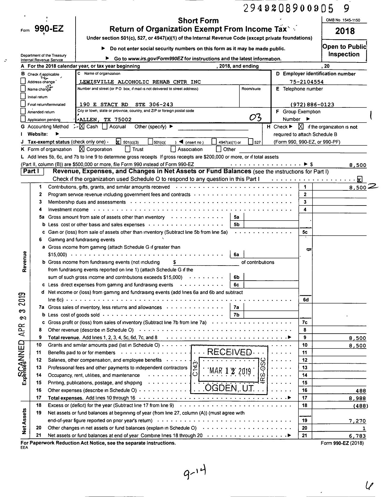 Image of first page of 2018 Form 990EZ for Lewisville Alcoholic Rehab Center