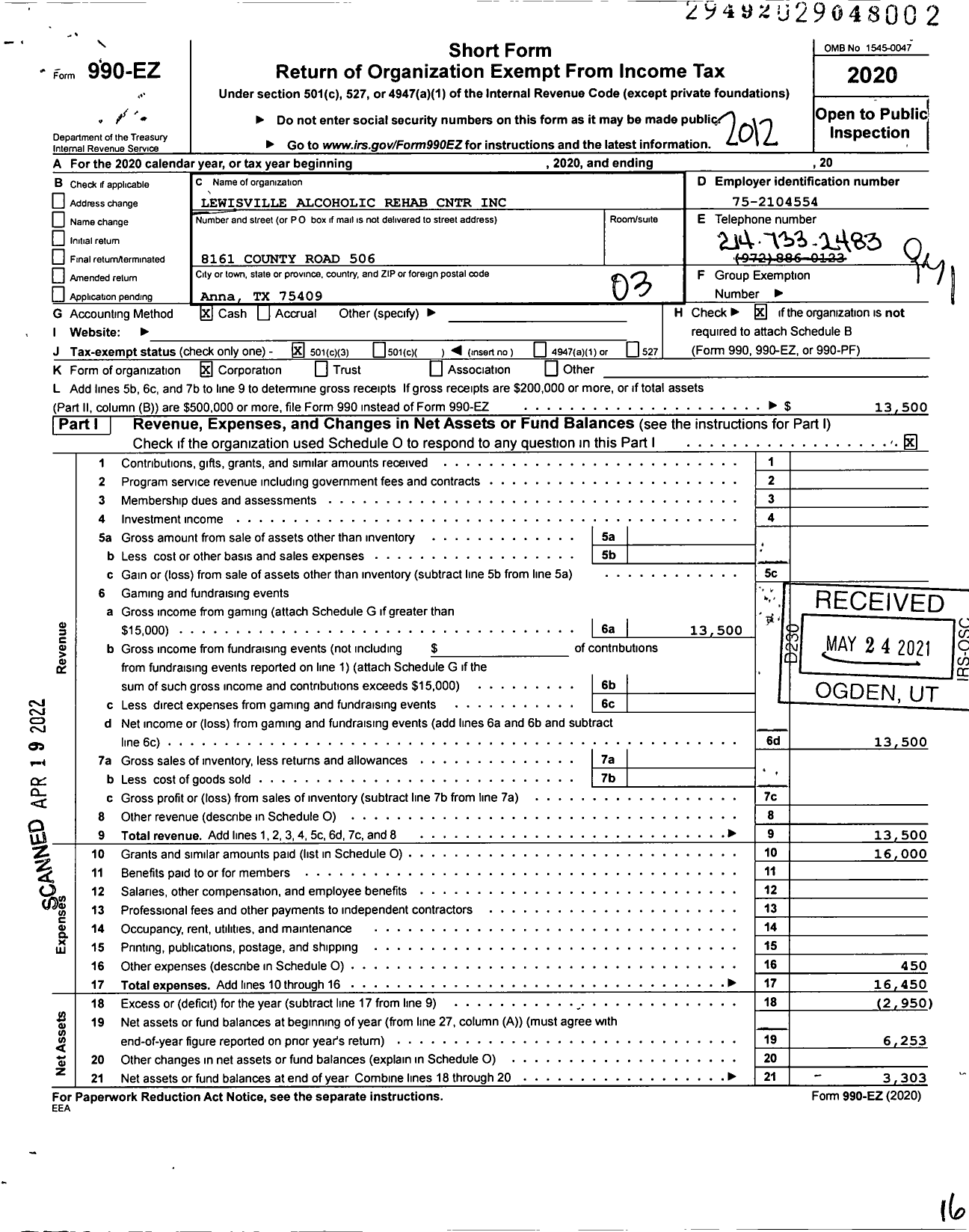 Image of first page of 2020 Form 990EZ for Lewisville Alcoholic Rehab Center