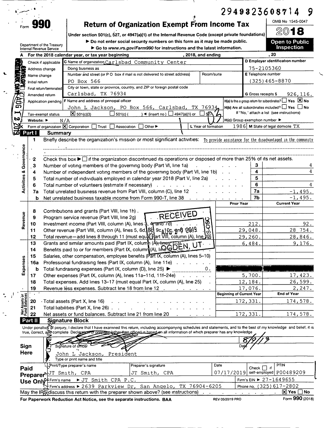 Image of first page of 2018 Form 990 for Carlsbad Community Center