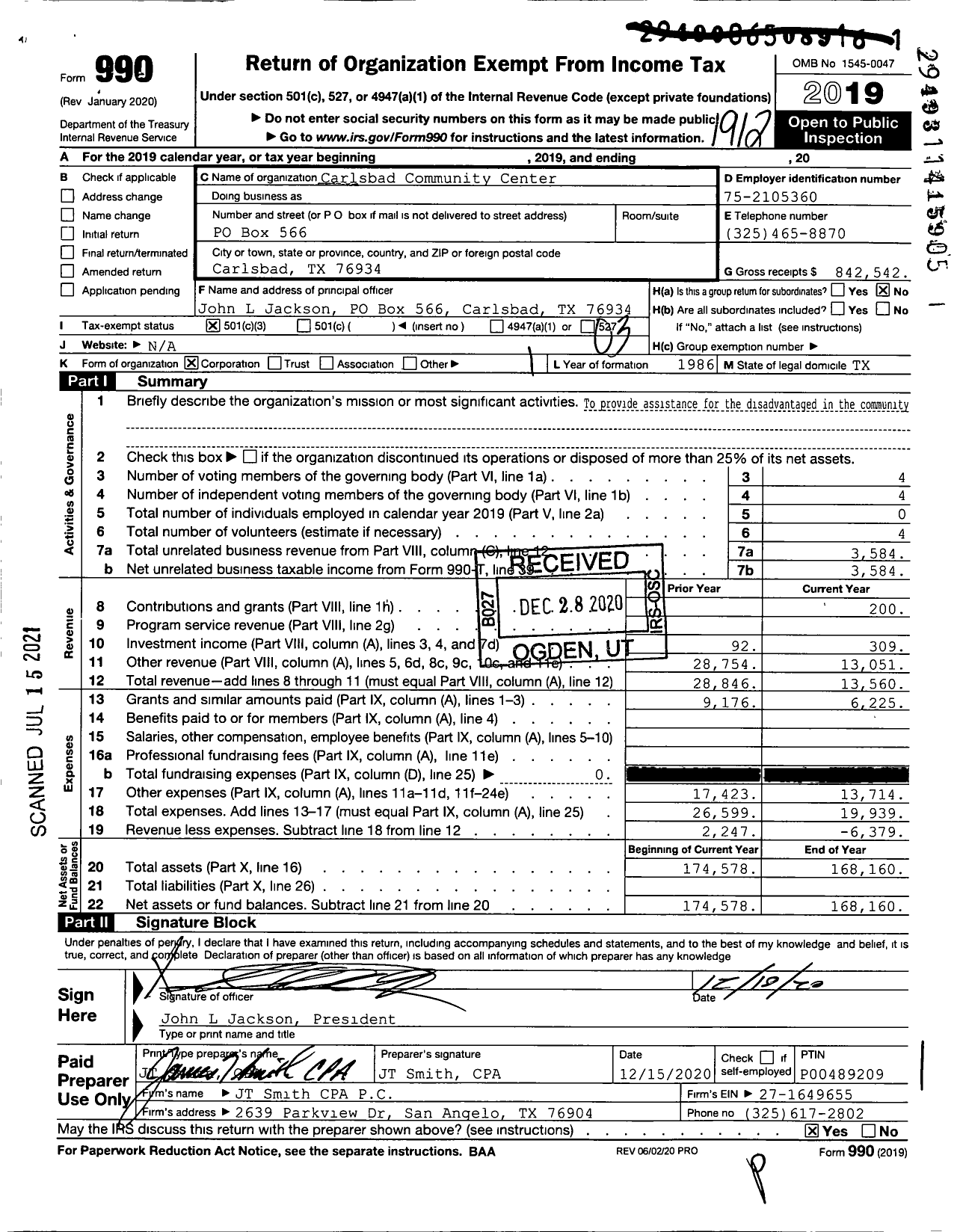 Image of first page of 2019 Form 990 for Carlsbad Community Center