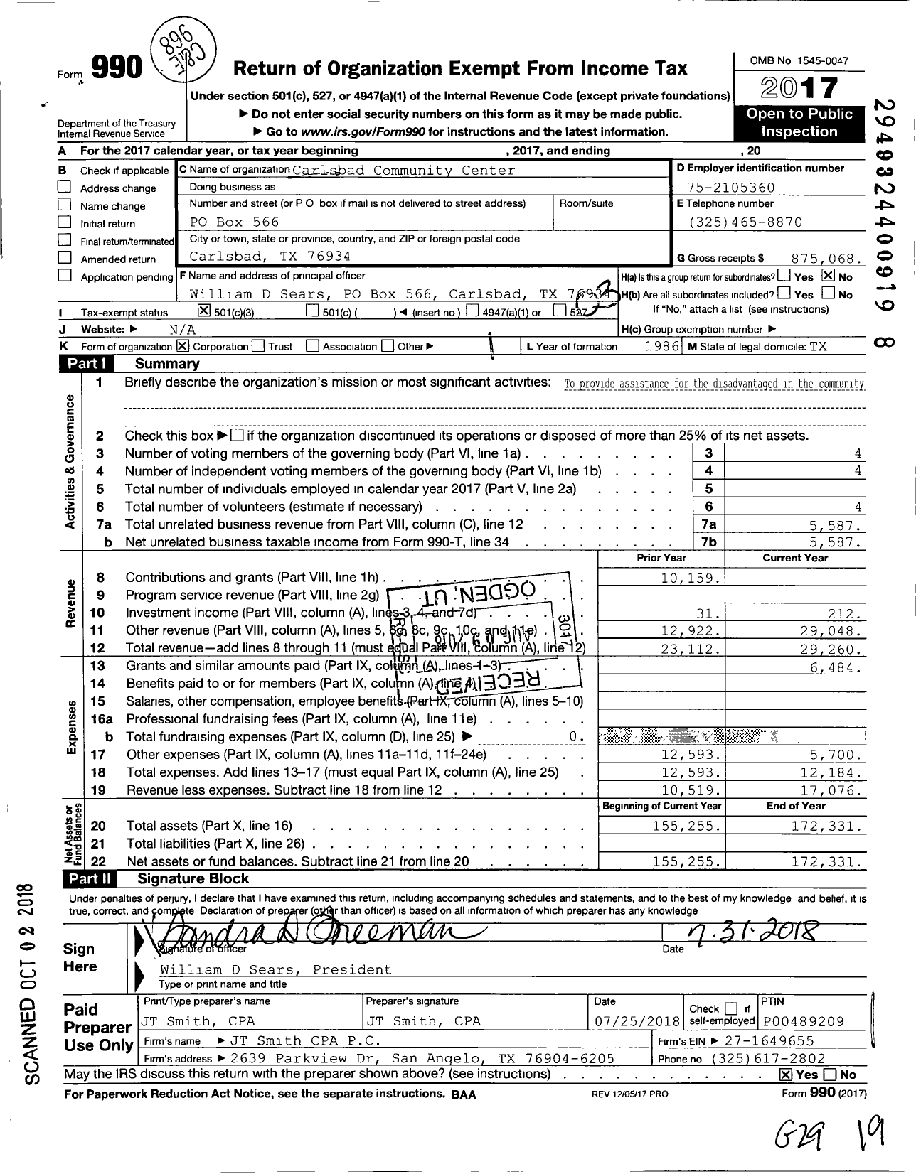 Image of first page of 2017 Form 990 for Carlsbad Community Center