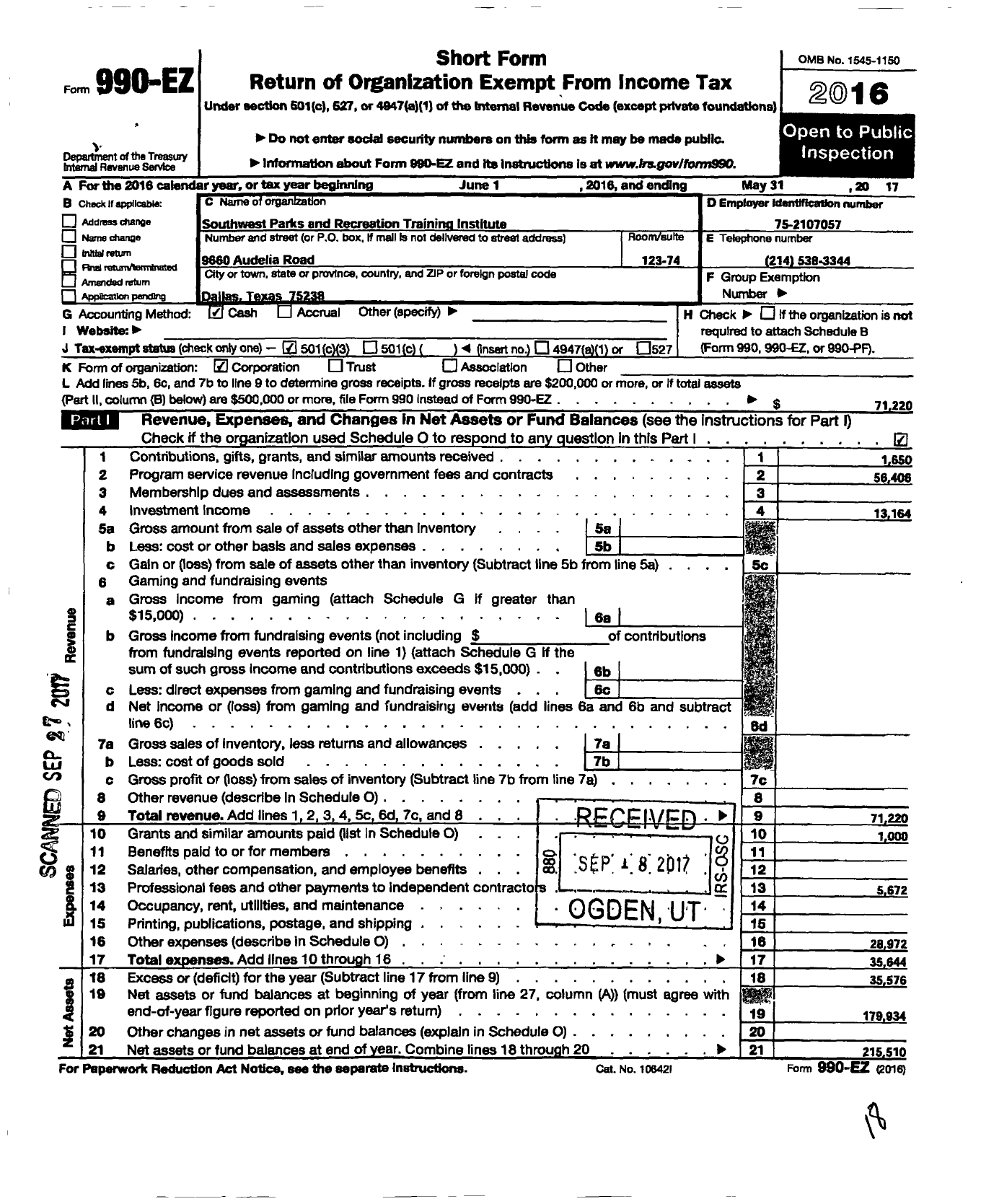 Image of first page of 2016 Form 990EZ for Southwest Park and Recreation Training Institute