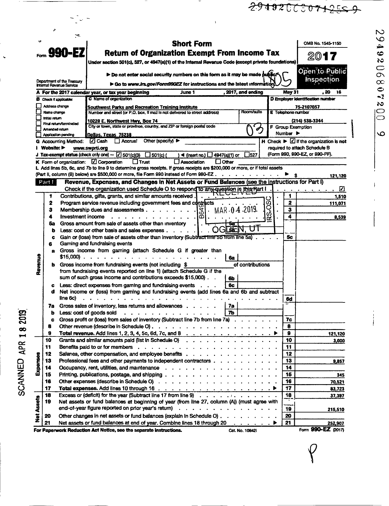 Image of first page of 2017 Form 990EZ for Southwest Park and Recreation Training Institute