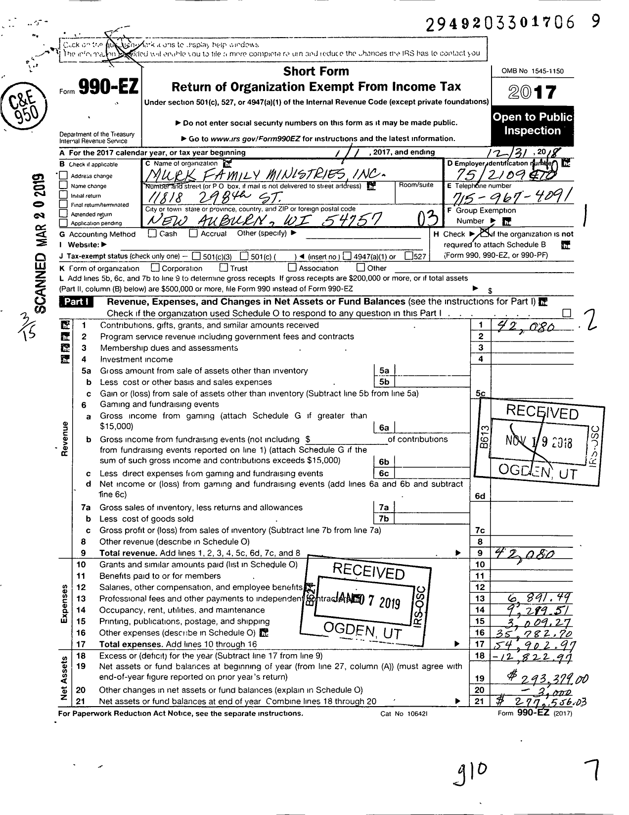 Image of first page of 2018 Form 990EZ for Murk Family Ministries