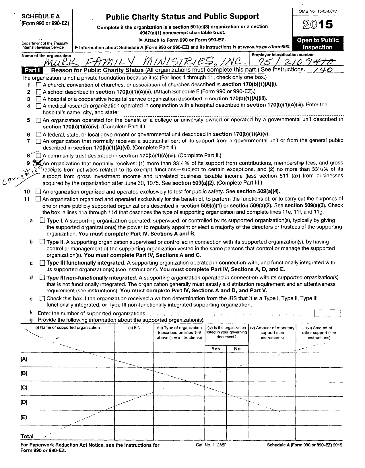 Image of first page of 2015 Form 990ER for Murk Family Ministries