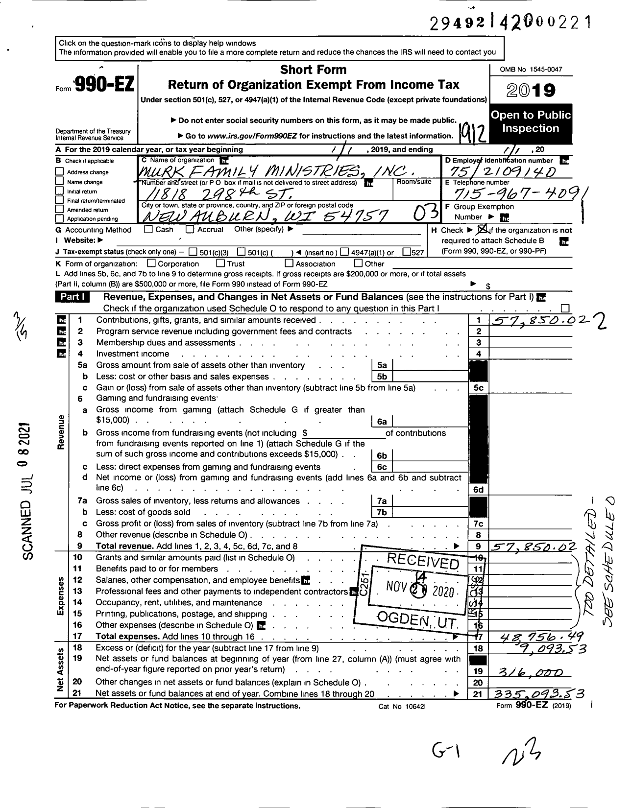 Image of first page of 2019 Form 990EZ for Murk Family Ministries