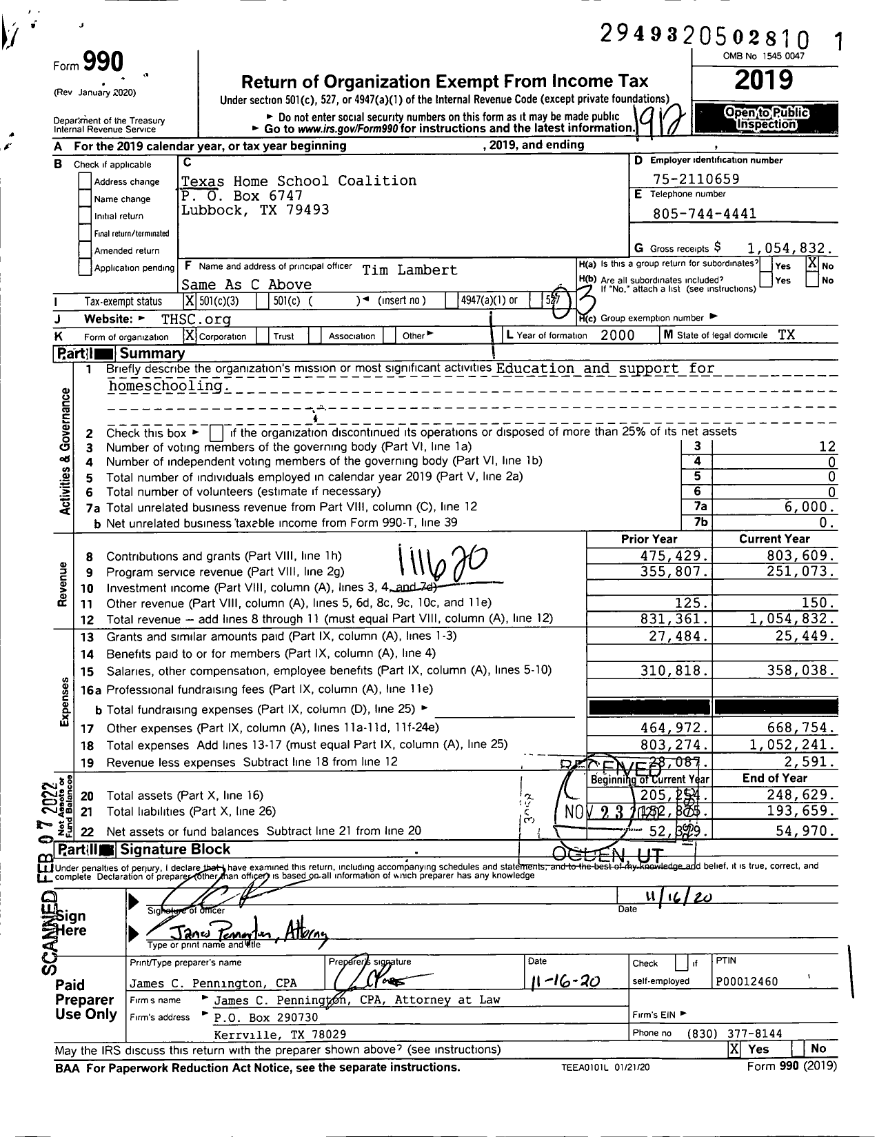 Image of first page of 2019 Form 990 for Texas Home School Coalition