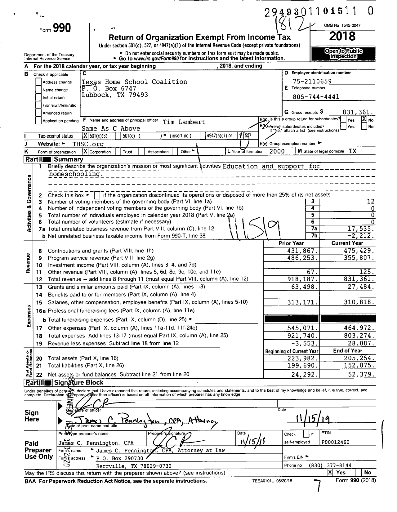 Image of first page of 2018 Form 990 for Texas Home School Coalition