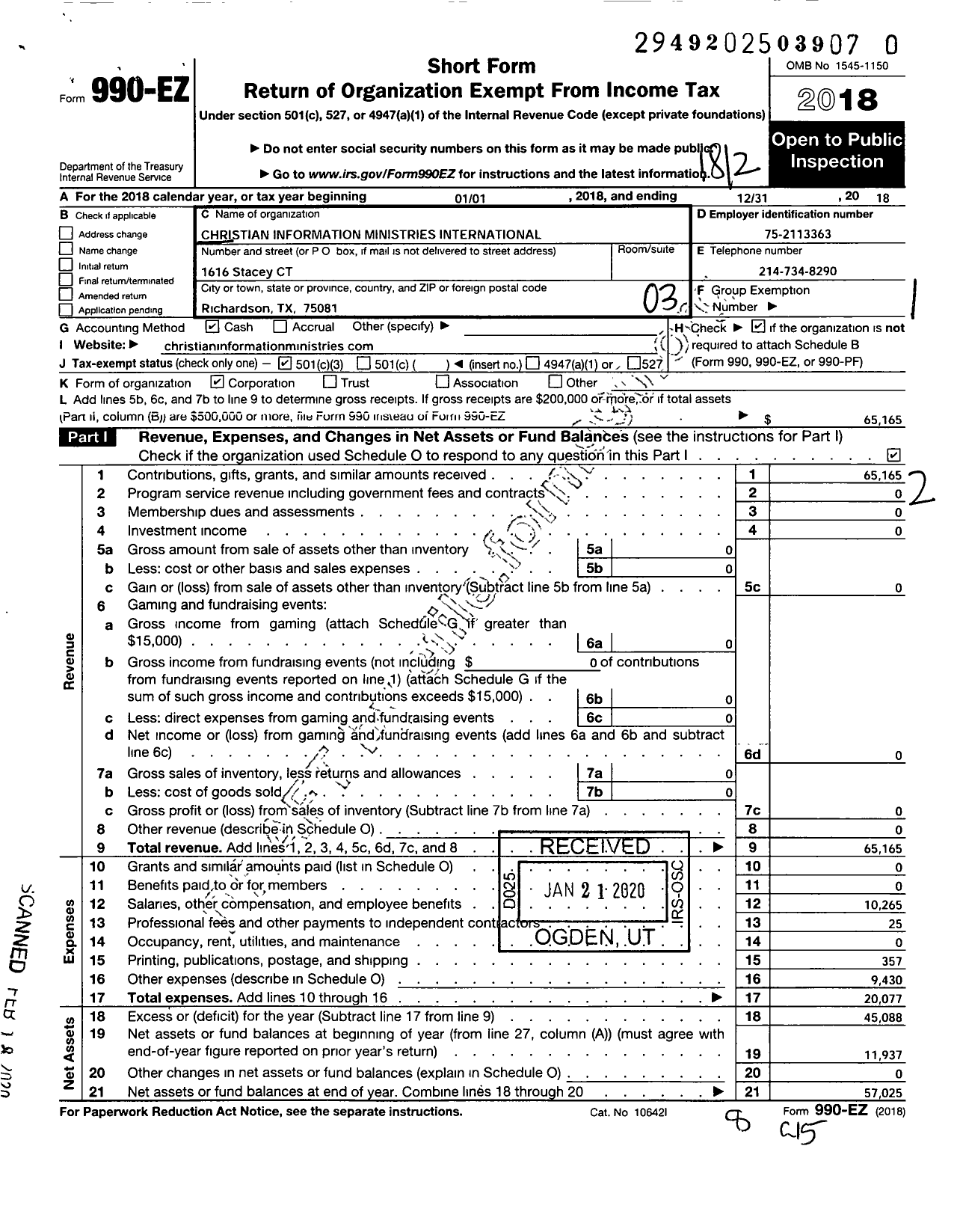 Image of first page of 2018 Form 990EZ for Christian Information Ministries International