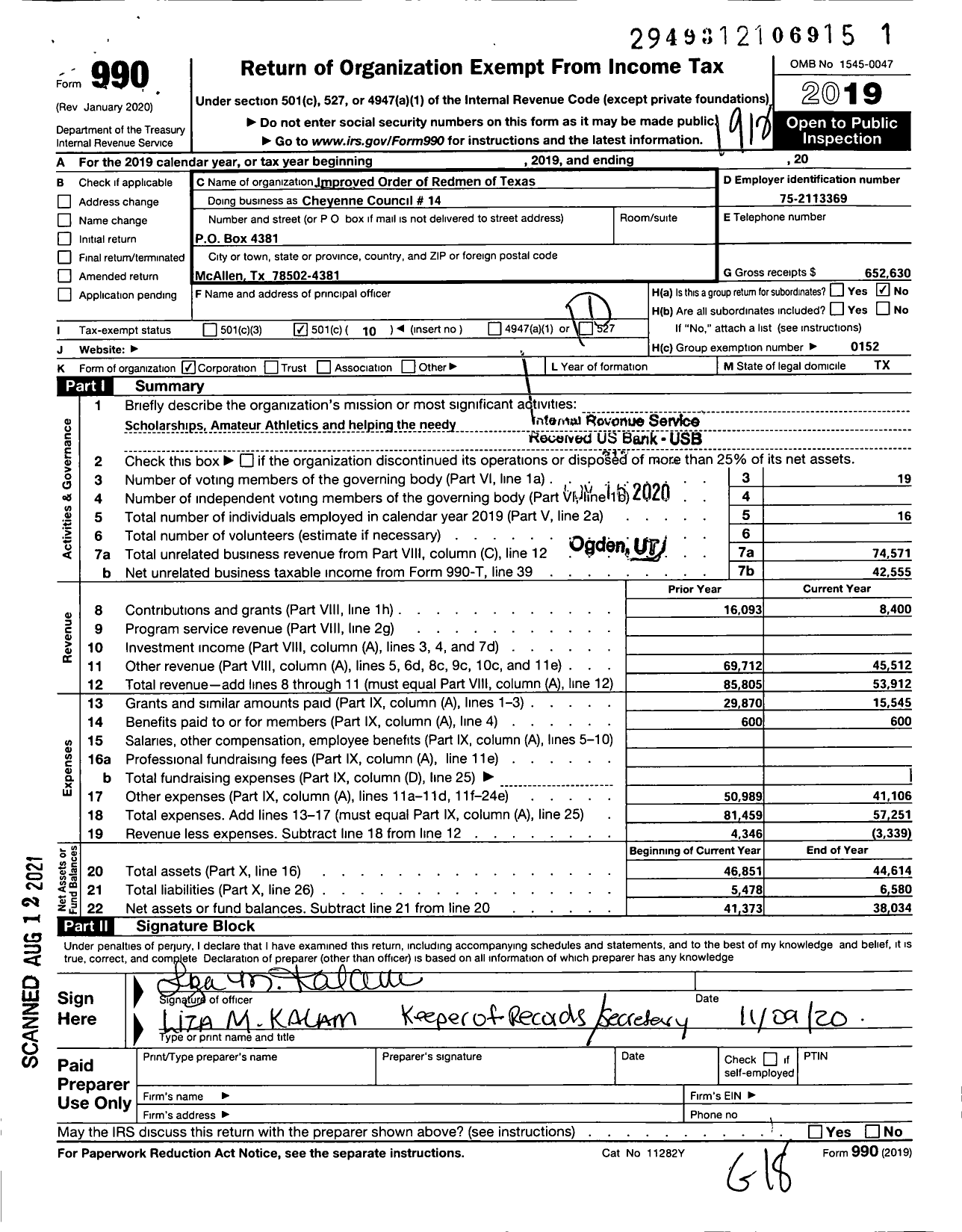 Image of first page of 2019 Form 990O for Improved Order of Red Men of Texas - 14 Cheyenne Council