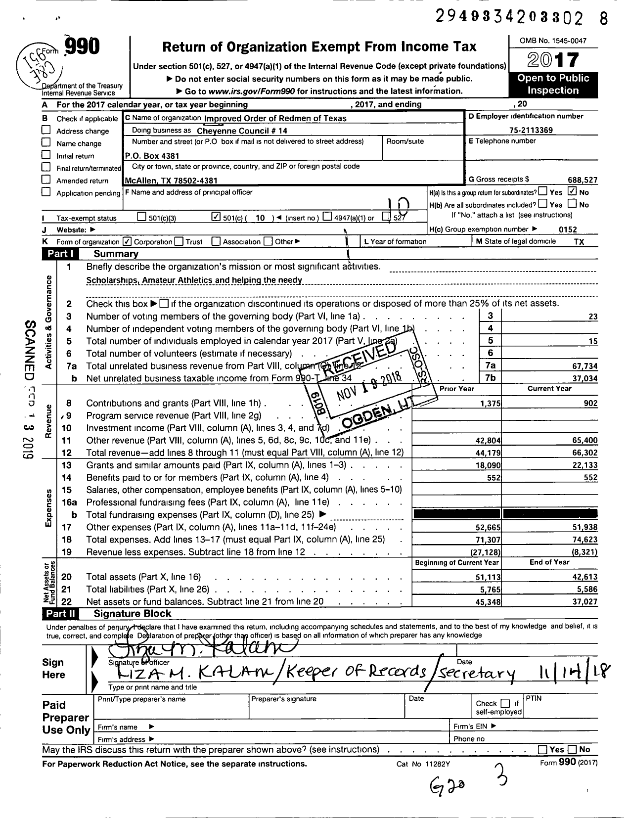 Image of first page of 2017 Form 990O for Improved Order of Red Men of Texas - 14 Cheyenne Council