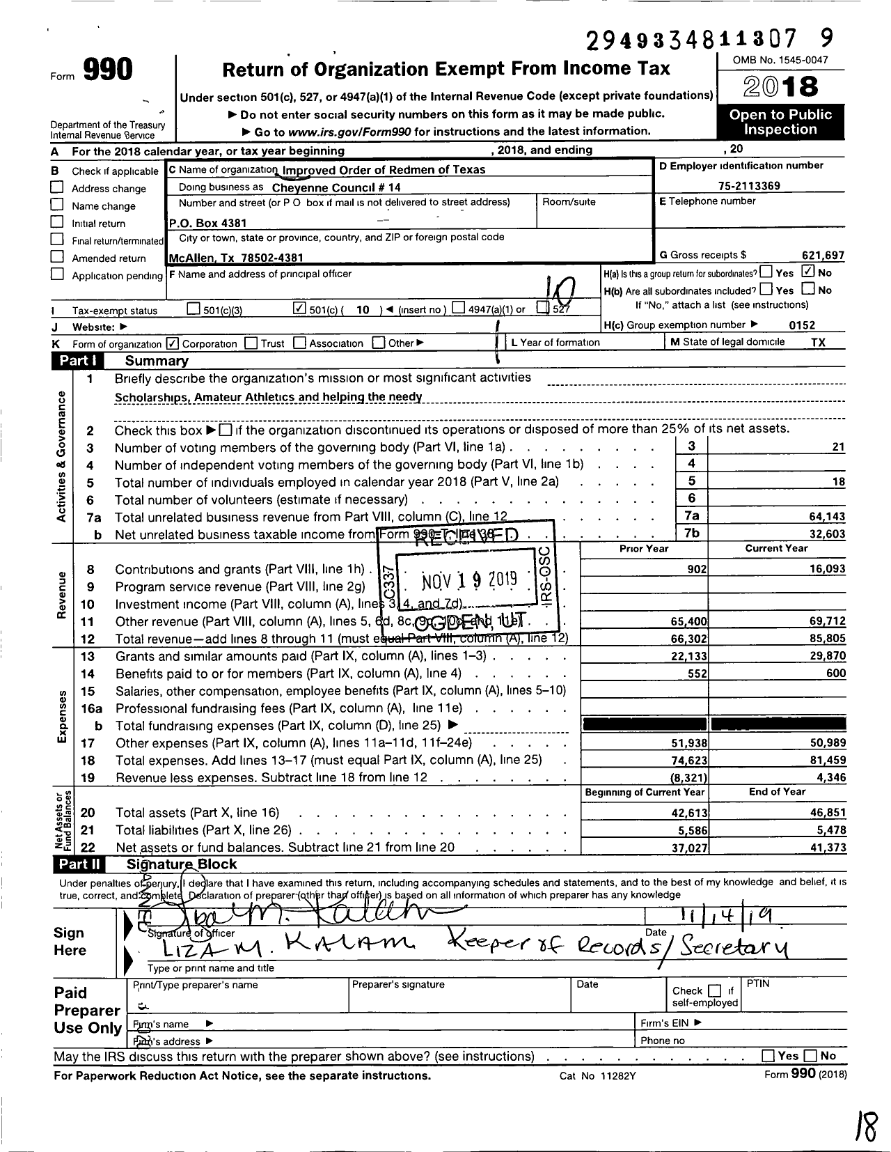 Image of first page of 2018 Form 990O for Improved Order of Red Men of Texas - 14 Cheyenne Council