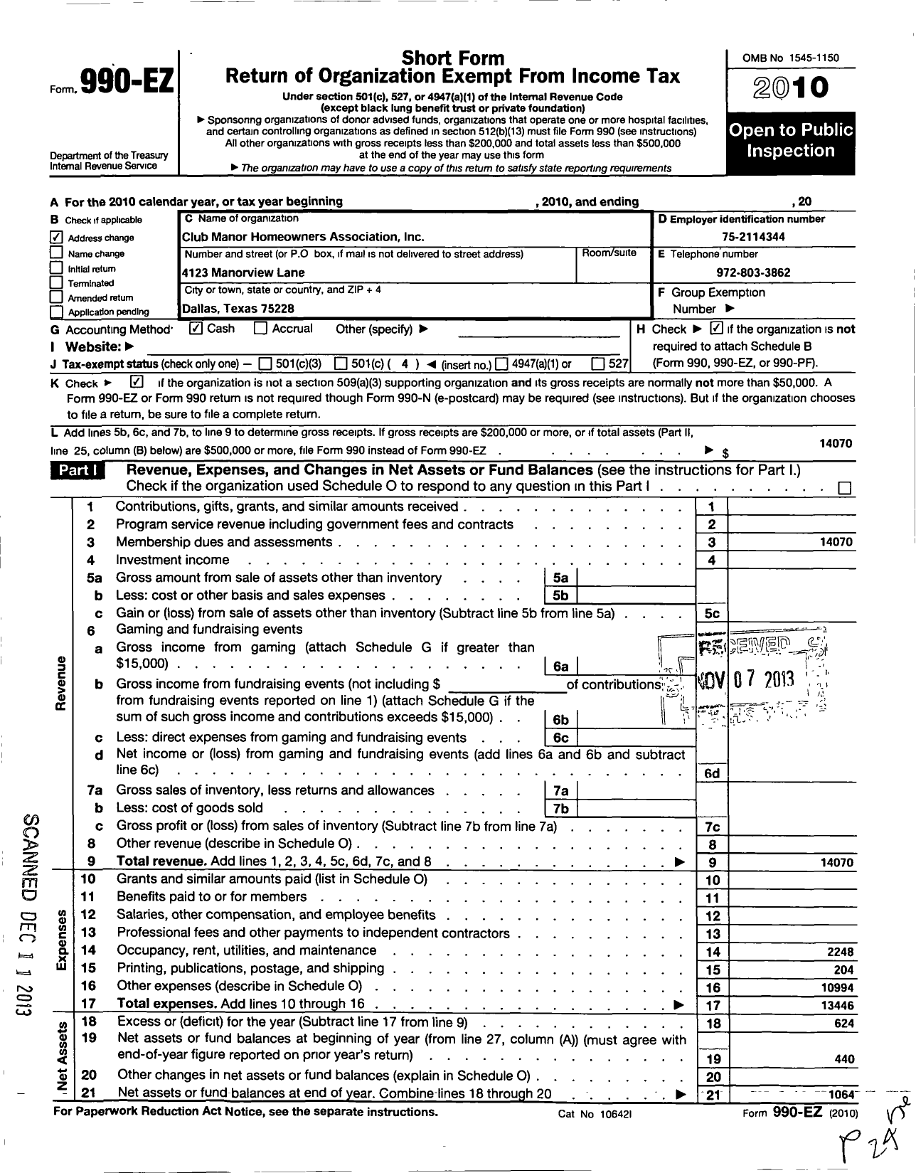 Image of first page of 2010 Form 990EO for Club Manor Homeowners Association