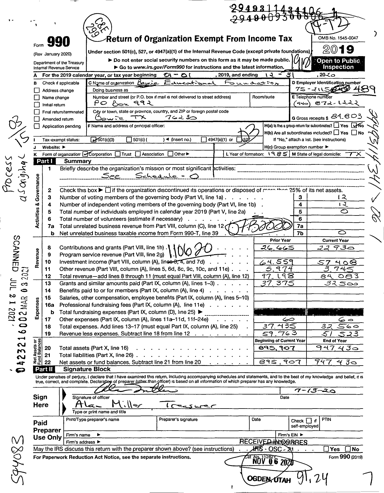 Image of first page of 2019 Form 990 for Bowie Educational Foundation