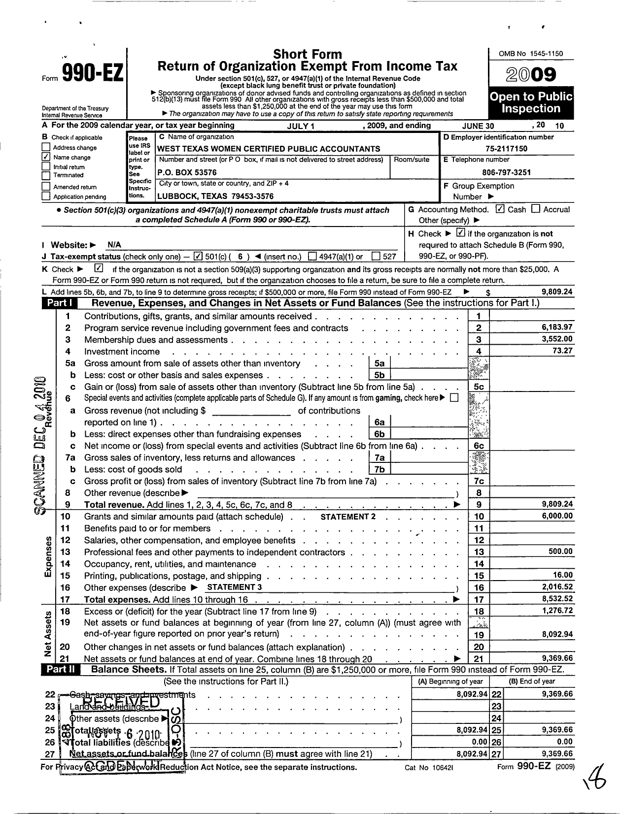 Image of first page of 2009 Form 990EO for West Texas Women Certified Public Accountants