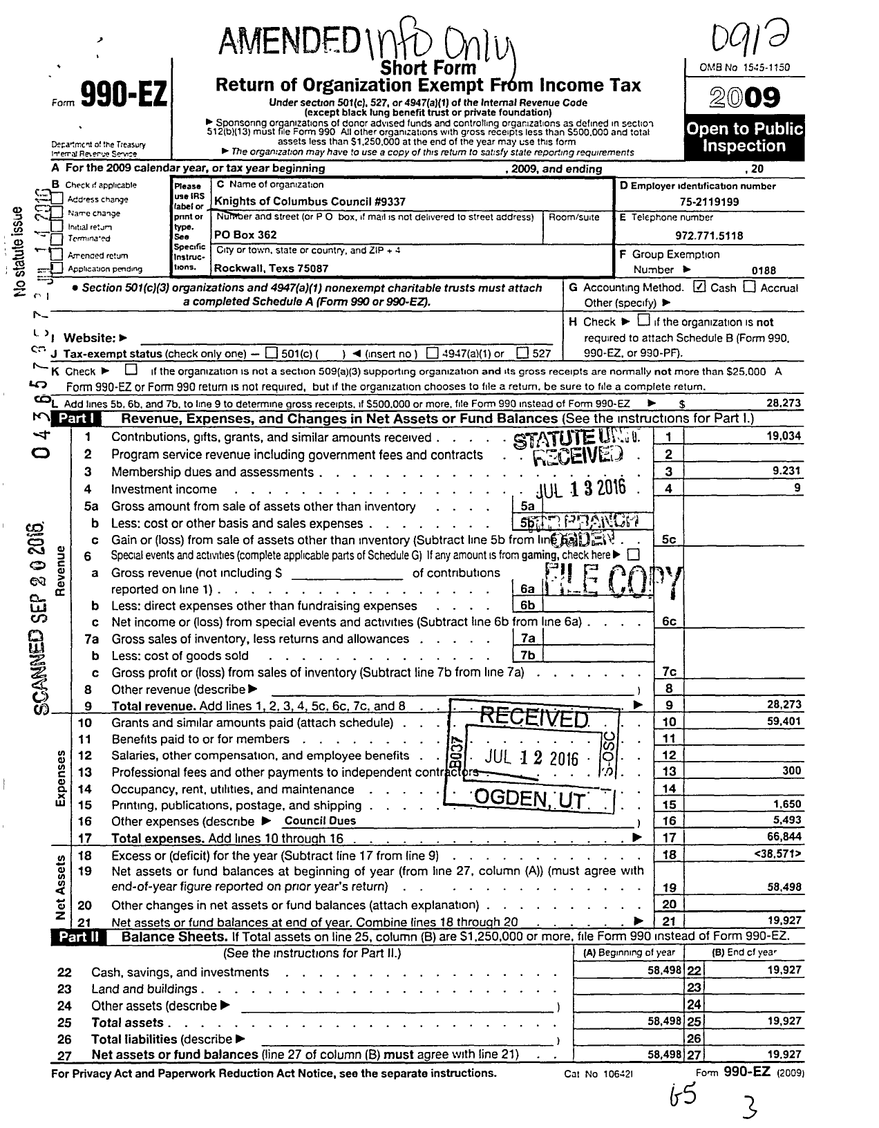 Image of first page of 2009 Form 990EO for Knights of Columbus - 9337 Our Lady of the Lake Council