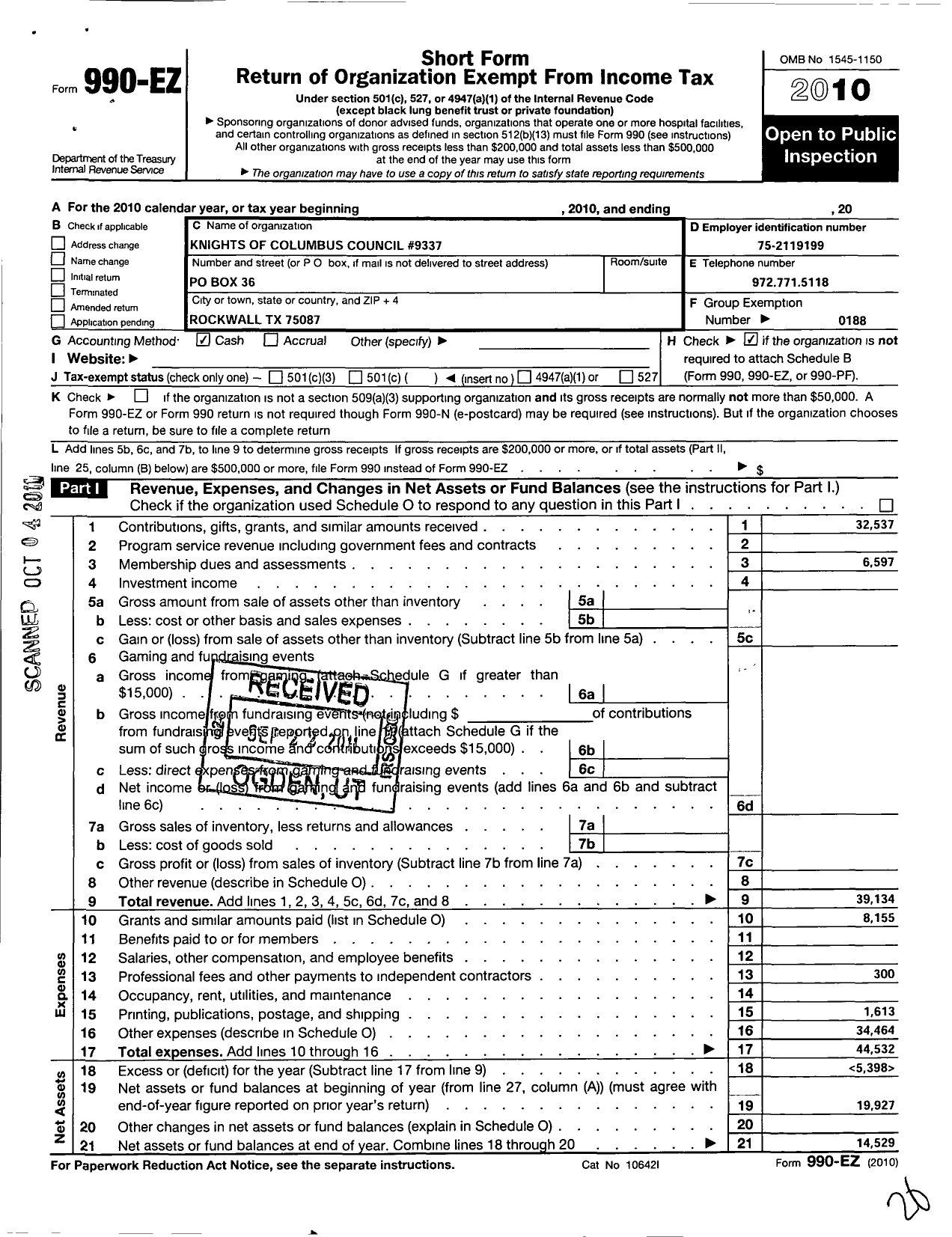 Image of first page of 2010 Form 990EO for Knights of Columbus - 9337 Our Lady of the Lake Council