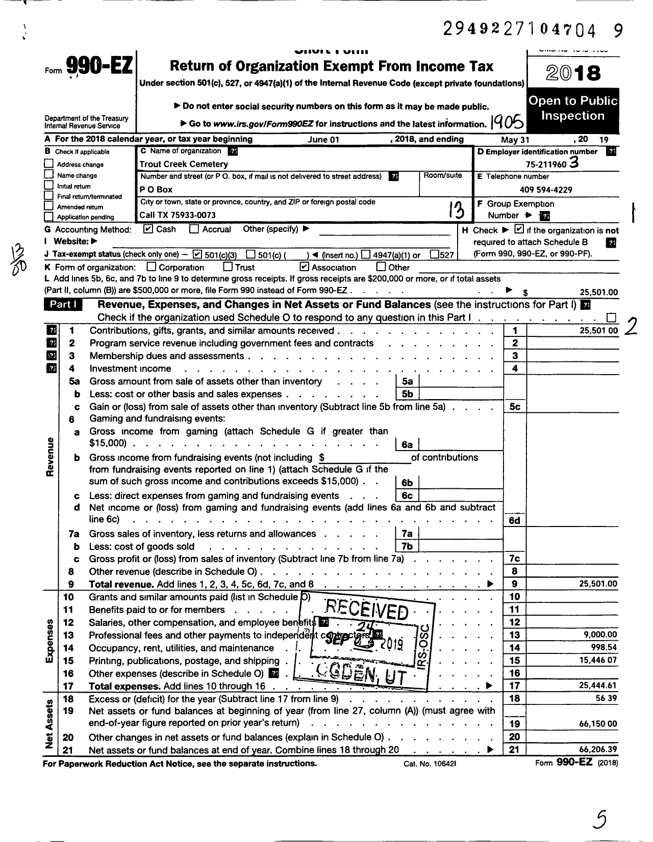 Image of first page of 2018 Form 990EO for Trout Creek Community Cemetery Corporation