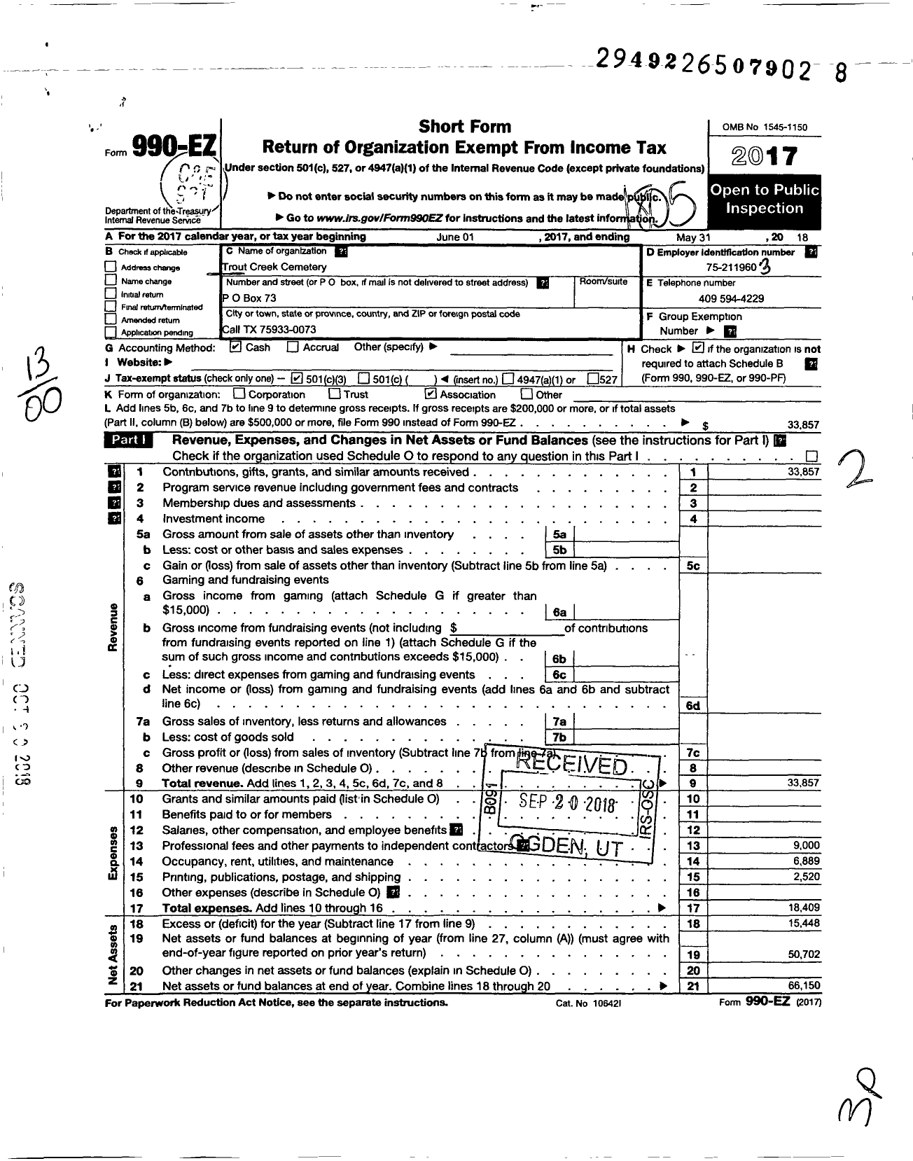 Image of first page of 2017 Form 990EZ for Trout Creek Community Cemetery Corporation