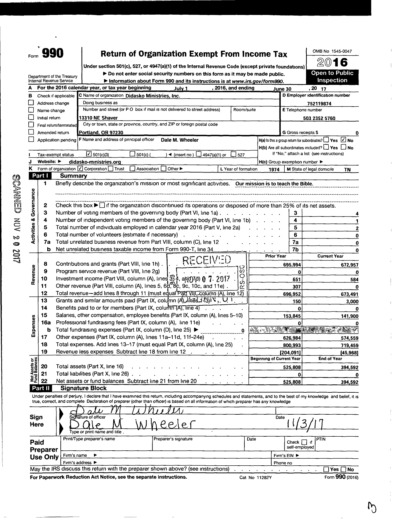Image of first page of 2016 Form 990 for Didasko Ministries