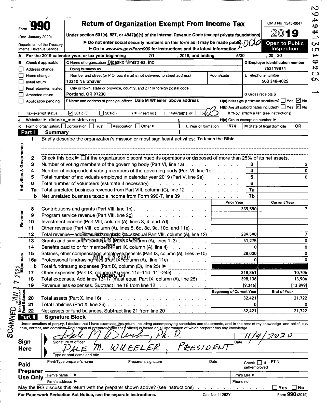 Image of first page of 2019 Form 990 for Didasko Ministries