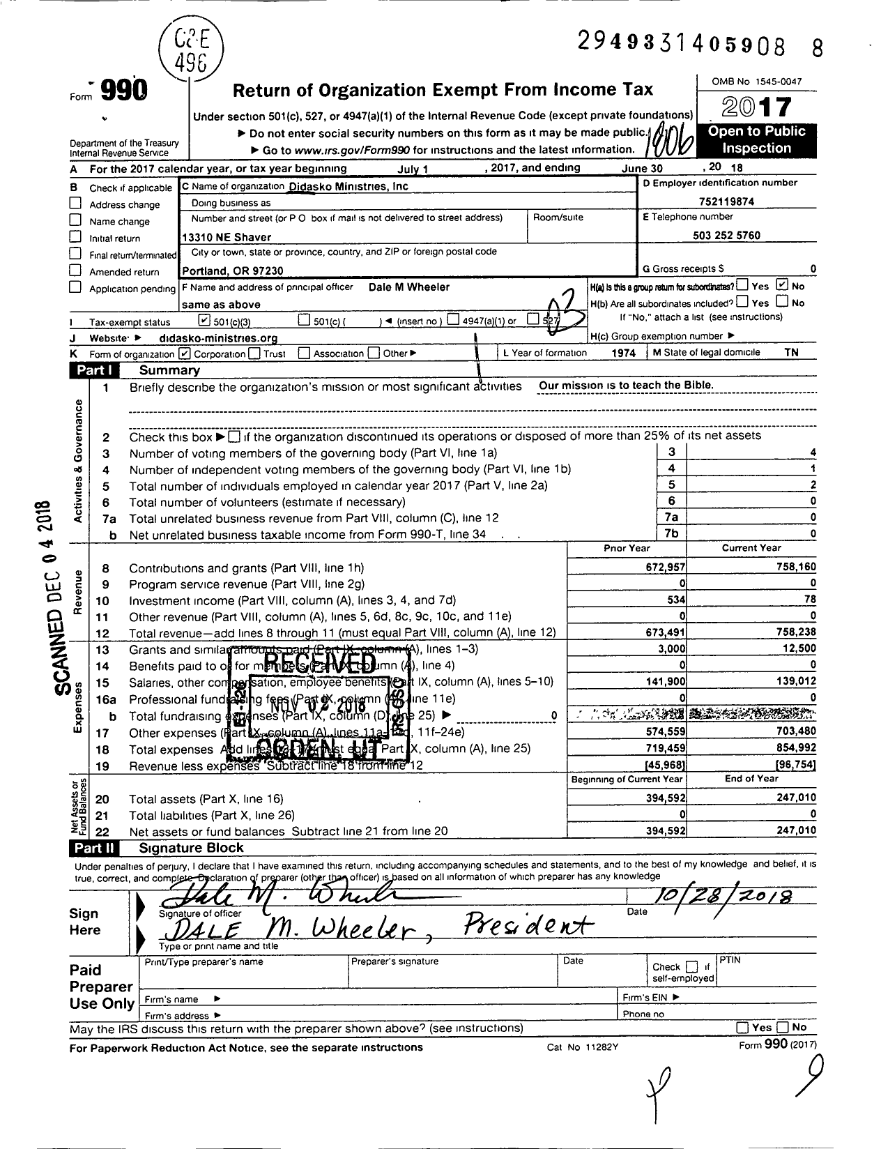 Image of first page of 2017 Form 990 for Didasko Ministries