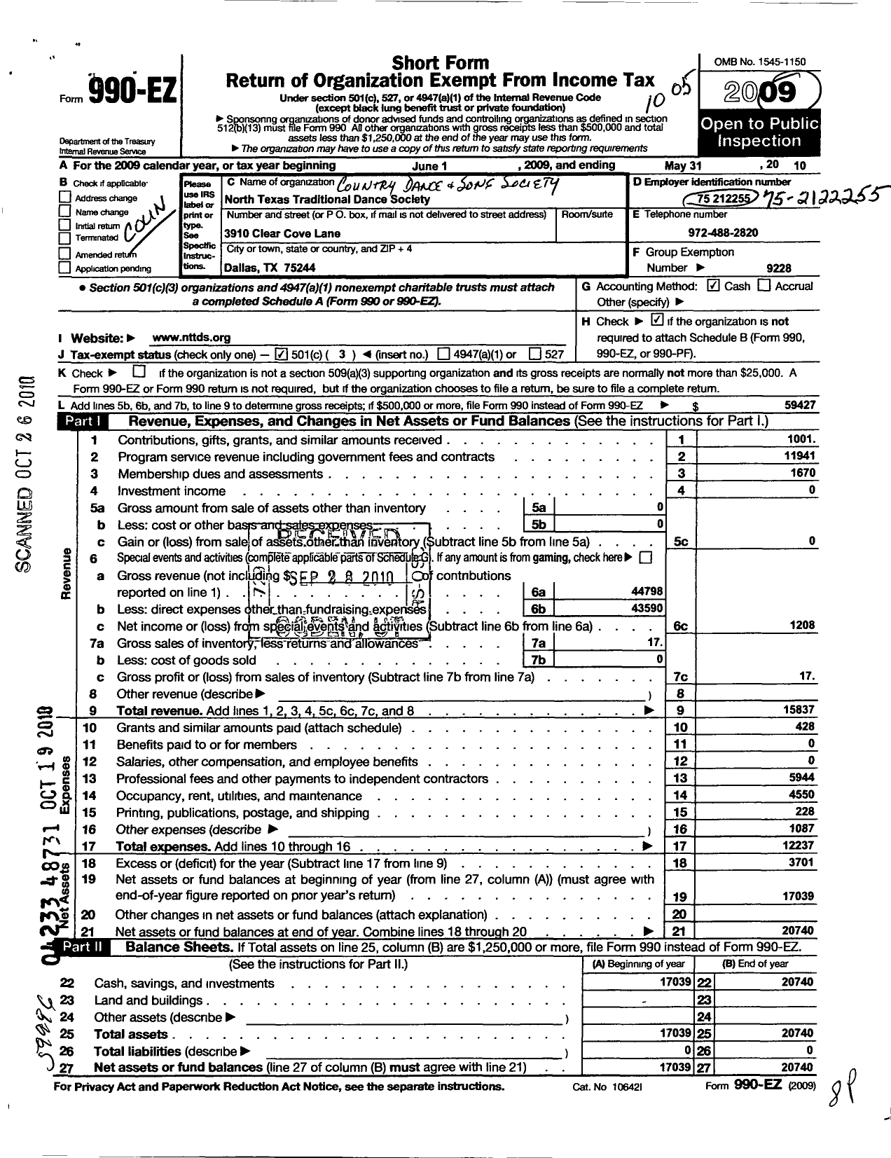 Image of first page of 2009 Form 990EZ for Country Dance and Song Society / North Texas Tradtl Dance Society