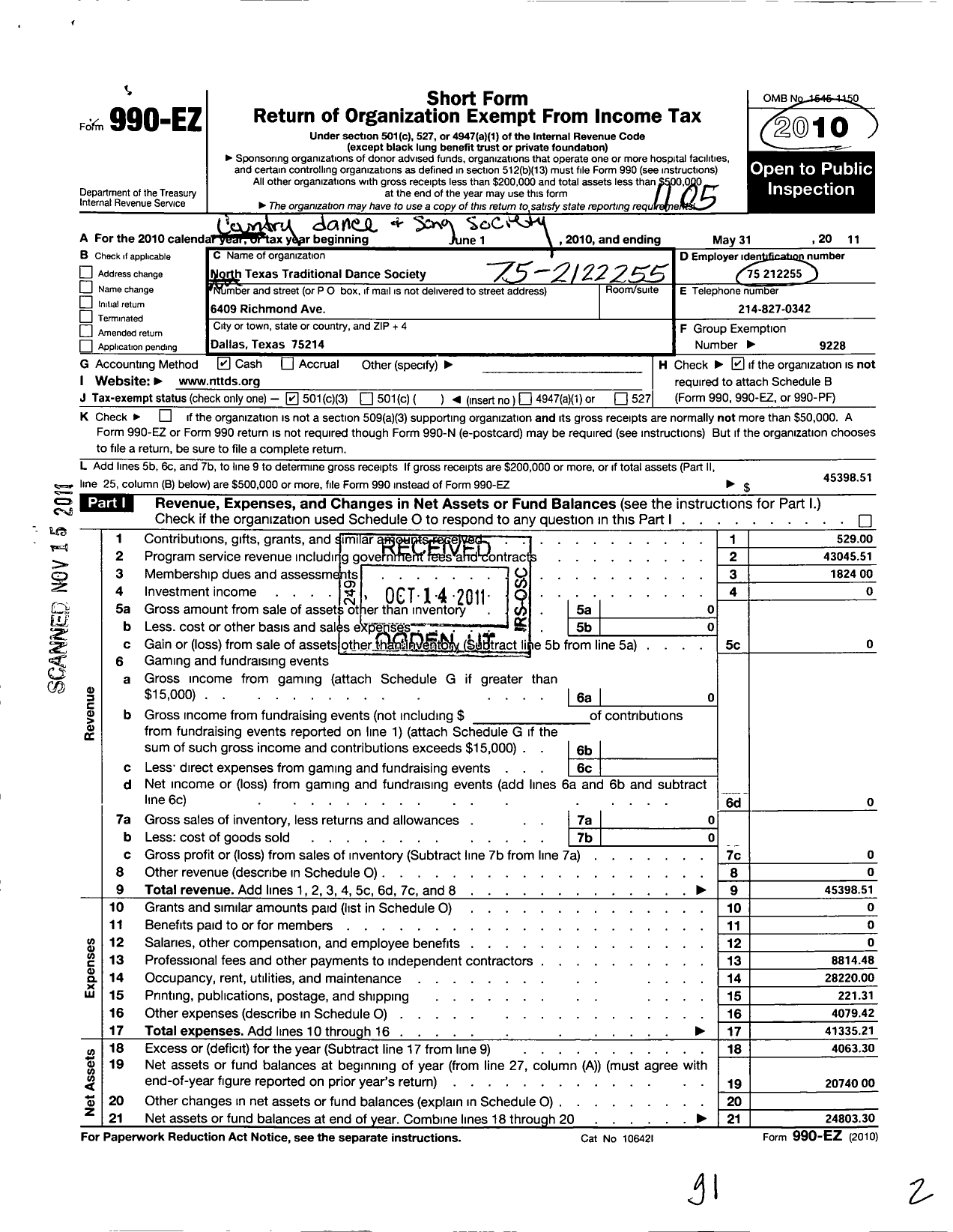 Image of first page of 2010 Form 990EZ for Country Dance and Song Society / North Texas Tradtl Dance Society