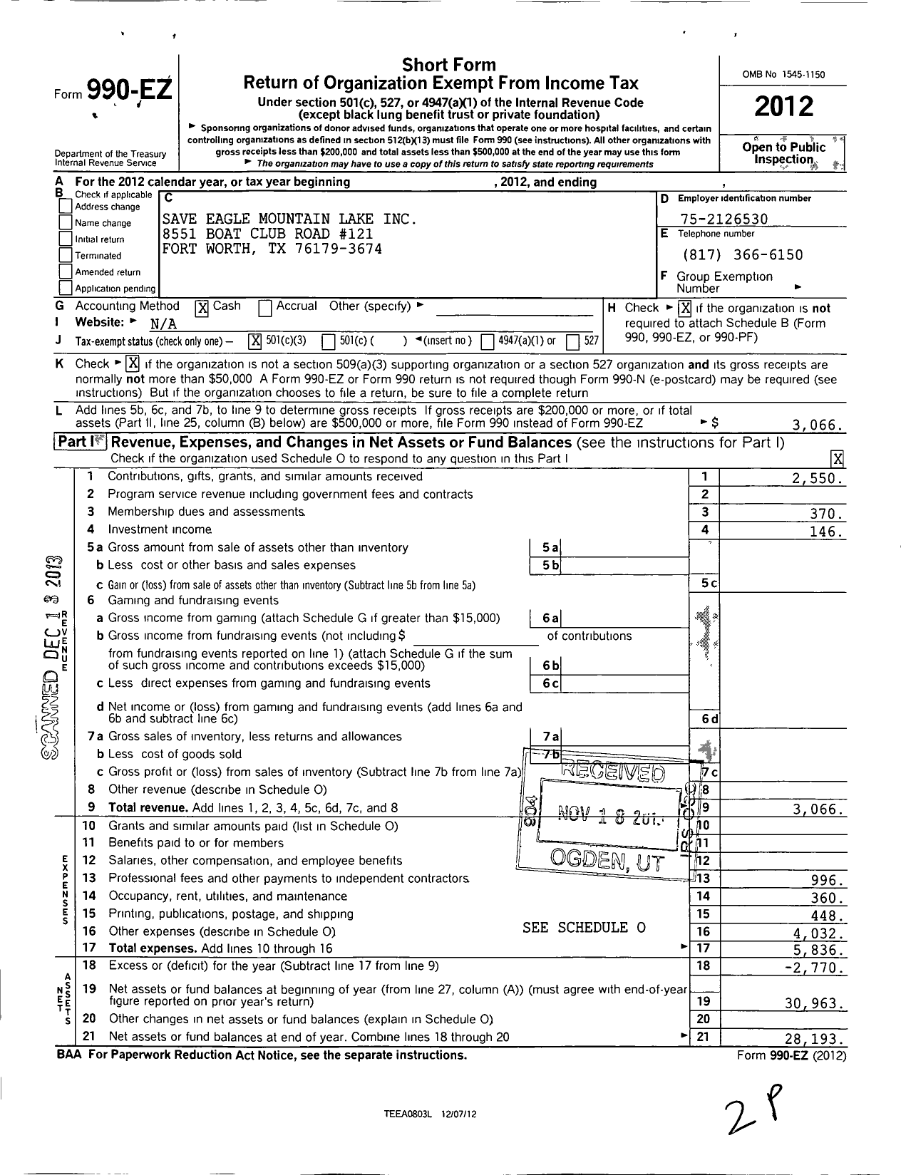 Image of first page of 2012 Form 990EZ for Save Eagle Mountain Lake