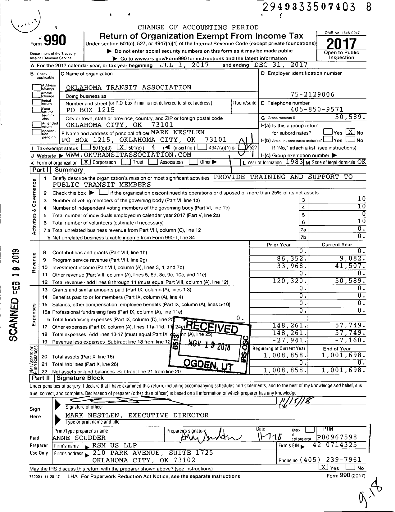 Image of first page of 2017 Form 990O for Oklahoma Transit Association PMB # 13281