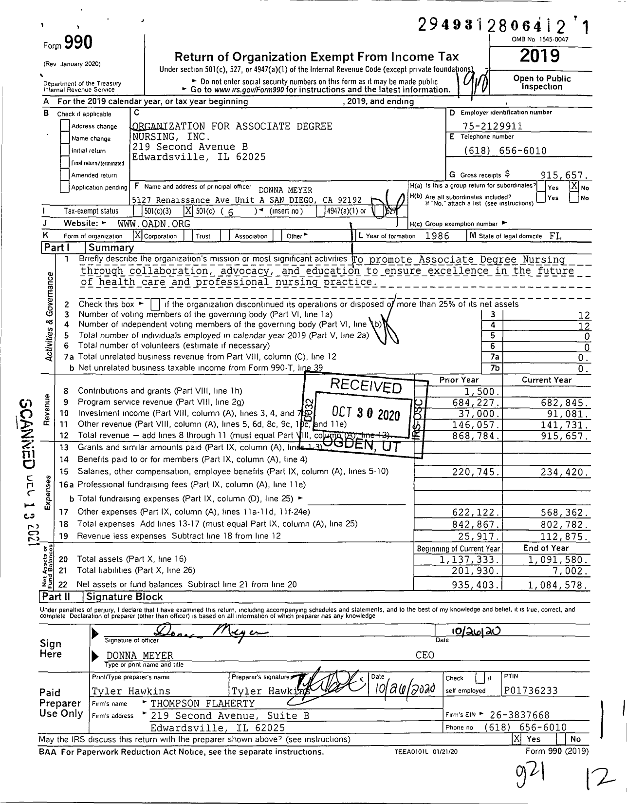 Image of first page of 2019 Form 990O for Organization for Associate Degree Nursing