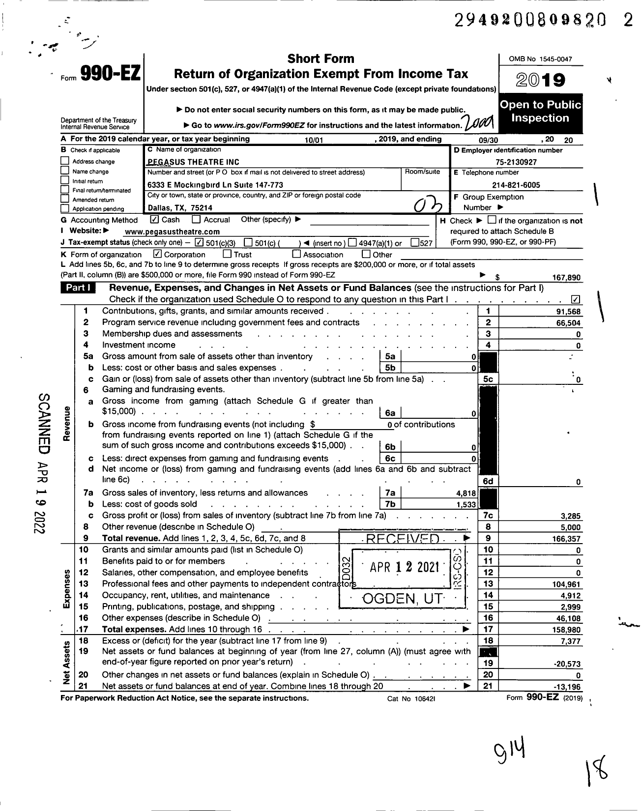 Image of first page of 2019 Form 990EZ for Pegasus Theatre