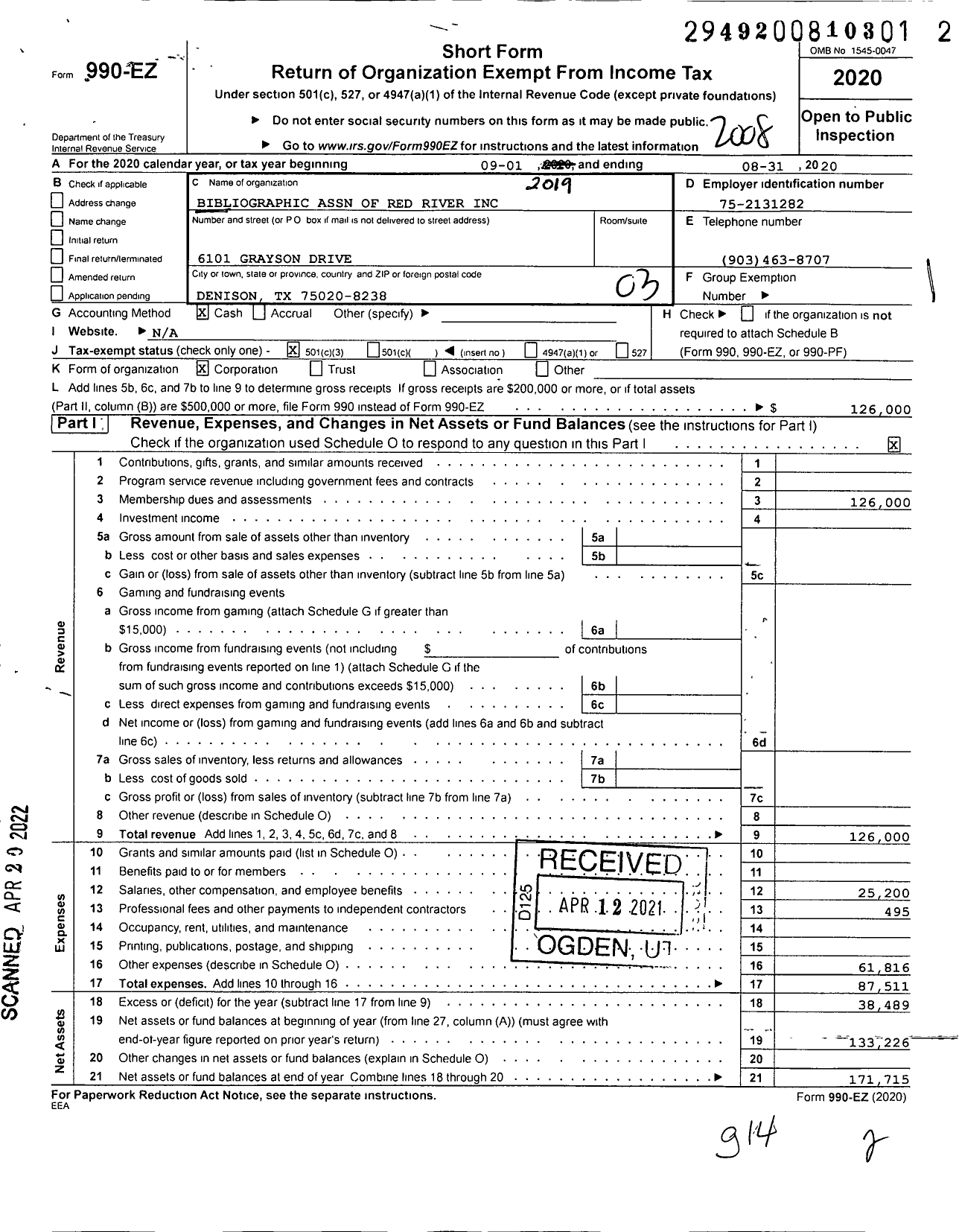 Image of first page of 2019 Form 990EZ for Bibliographic Association of Red River