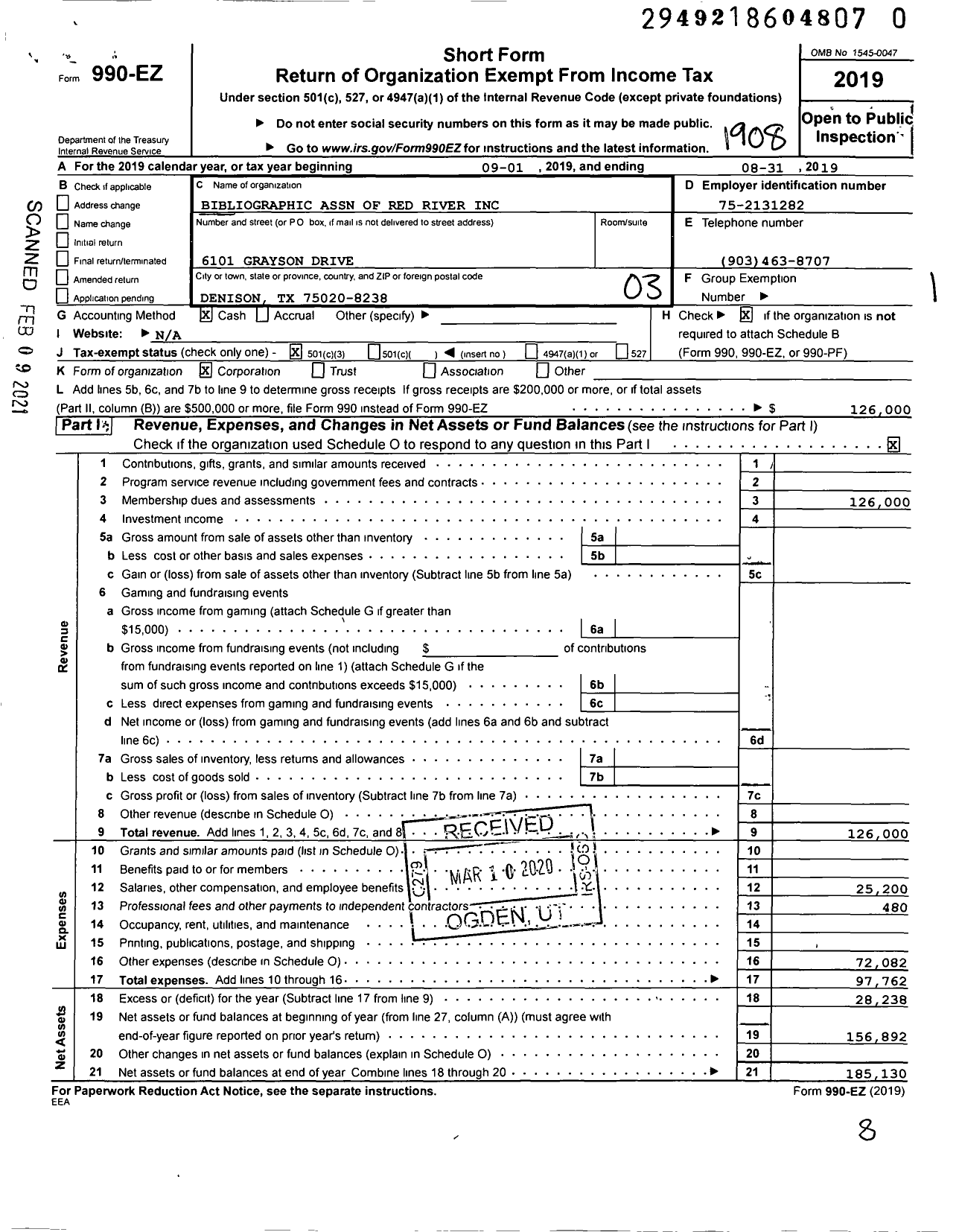 Image of first page of 2018 Form 990EZ for Bibliographic Association of Red River